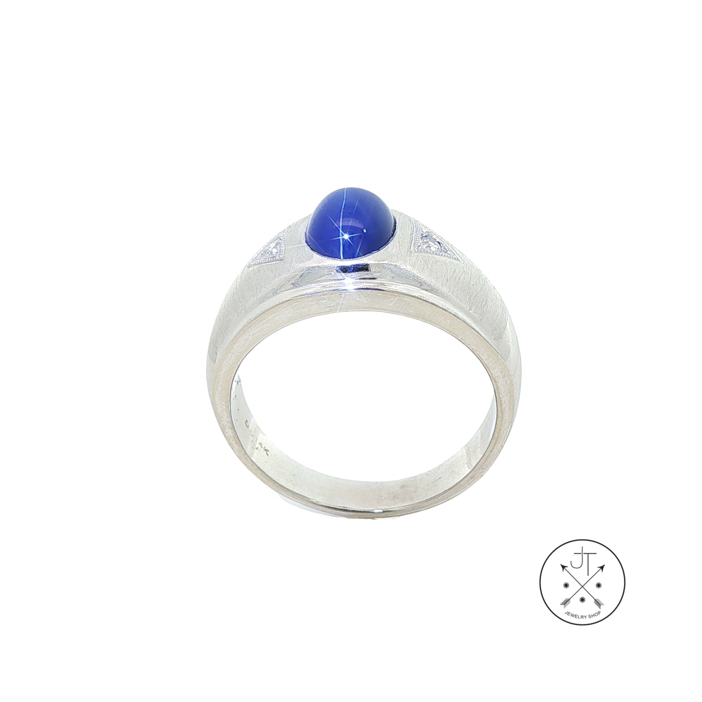 14k White Gold Mens Ring with Star Sapphire and Natural Diamonds Size 11.25
