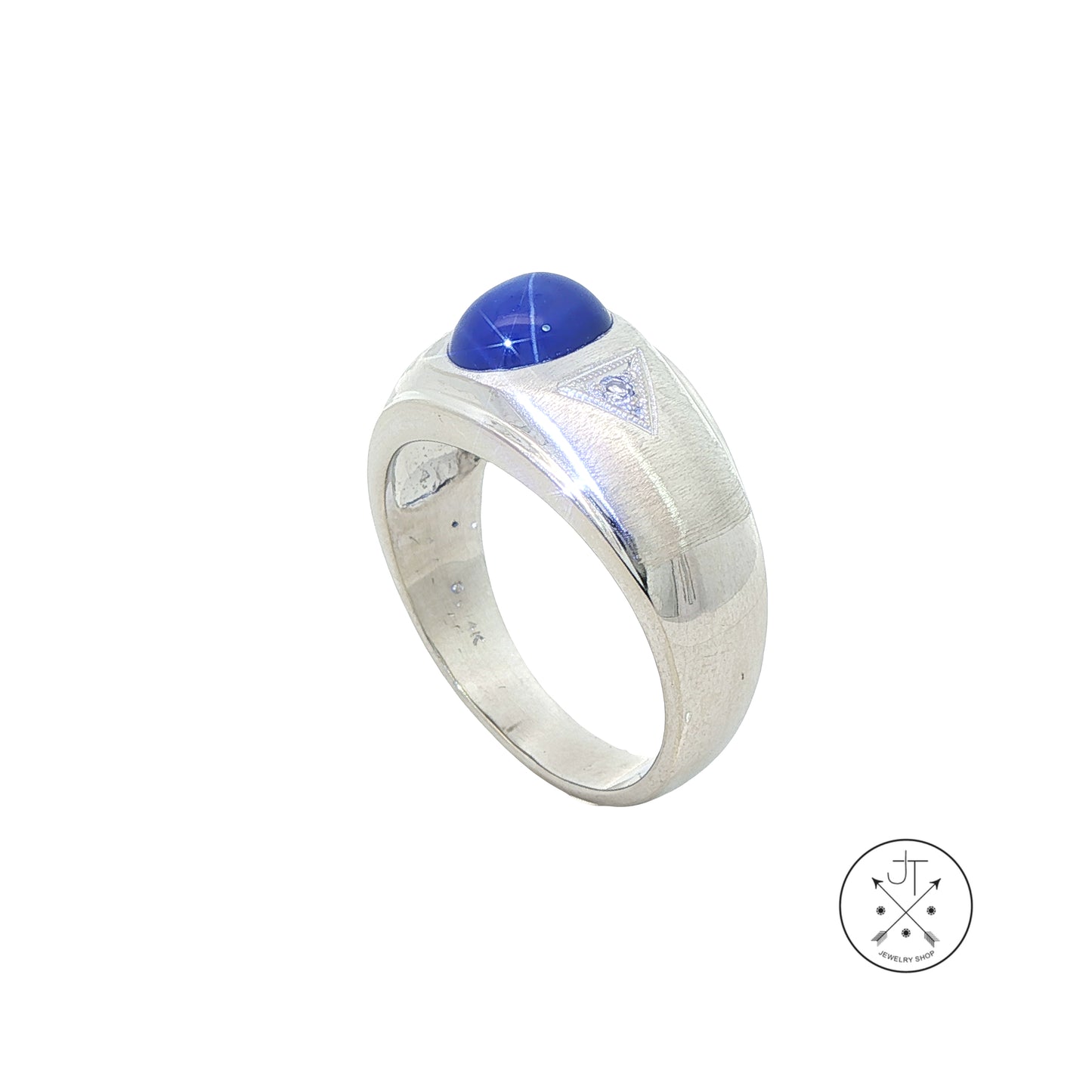 14k White Gold Mens Ring with Star Sapphire and Natural Diamonds Size 11.25