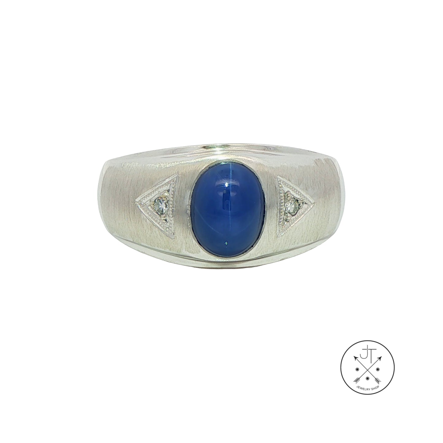 14k White Gold Mens Ring with Star Sapphire and Natural Diamonds Size 11.25