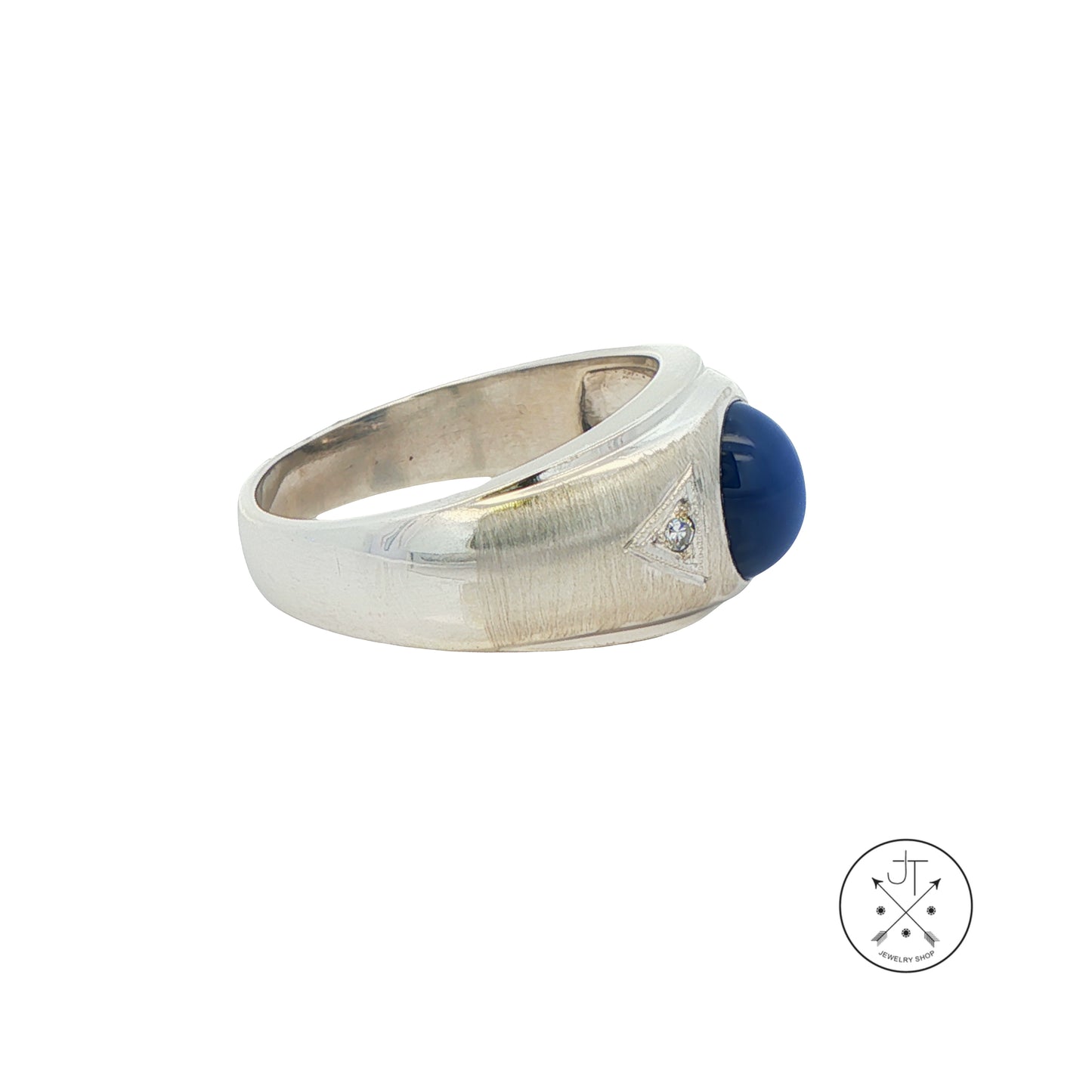 14k White Gold Mens Ring with Star Sapphire and Natural Diamonds Size 11.25