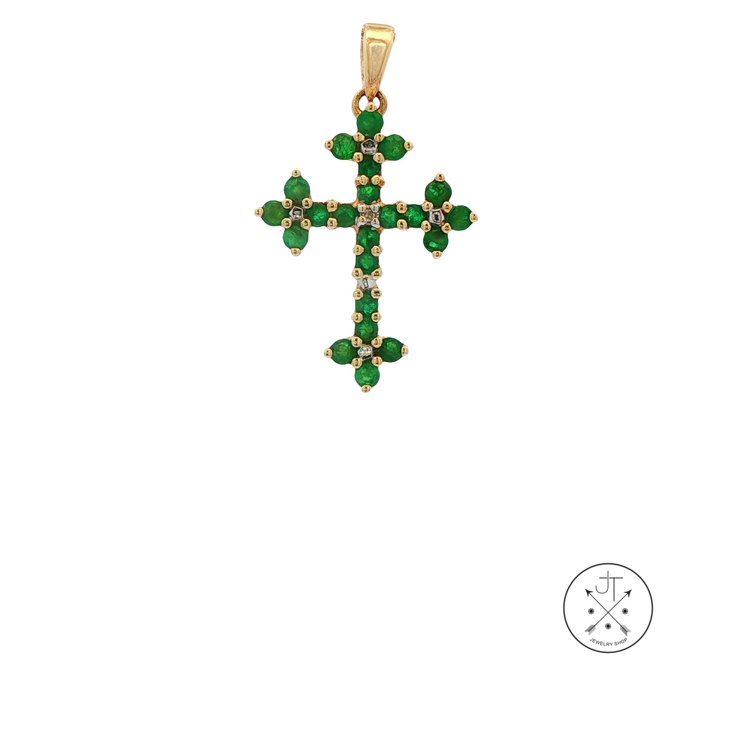 Vintage 10k Yellow Gold Cross Pendant with 1/4 ctw Natural Emeralds 1 Inch