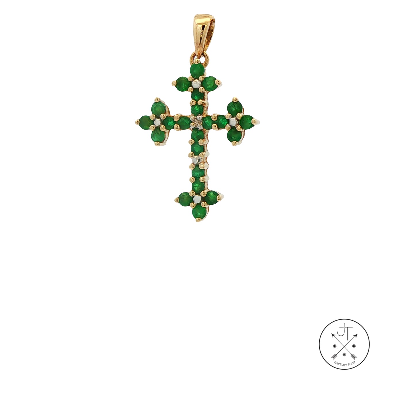 Vintage 10k Yellow Gold Cross Pendant with 1/4 ctw Natural Emeralds 1 Inch