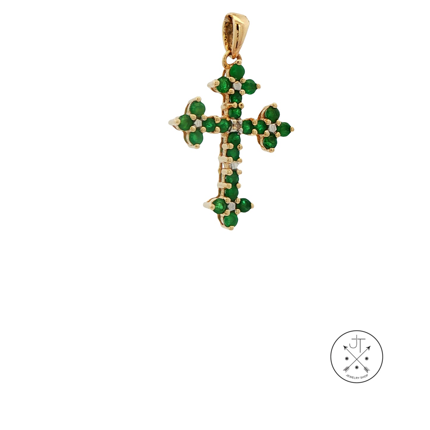 Vintage 10k Yellow Gold Cross Pendant with 1/4 ctw Natural Emeralds 1 Inch