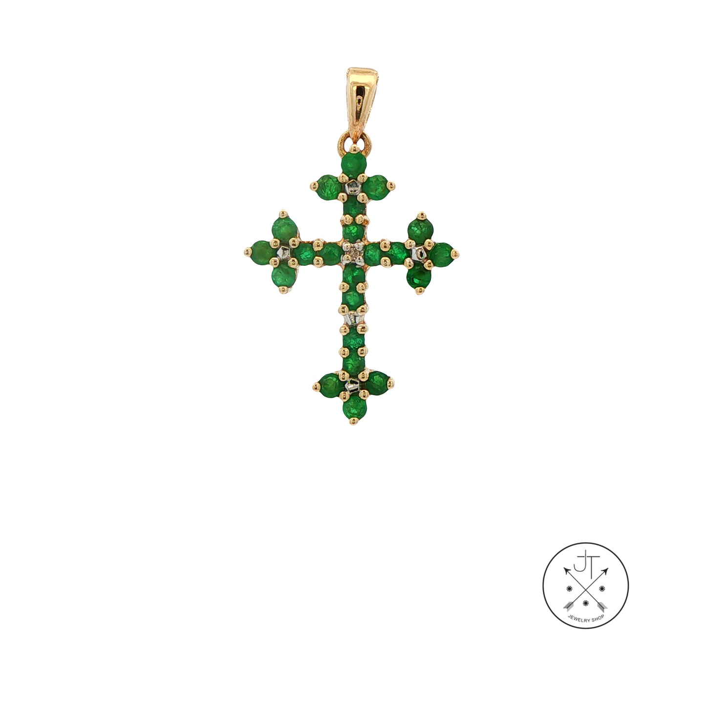 Vintage 10k Yellow Gold Cross Pendant with 1/4 ctw Natural Emeralds 1 Inch