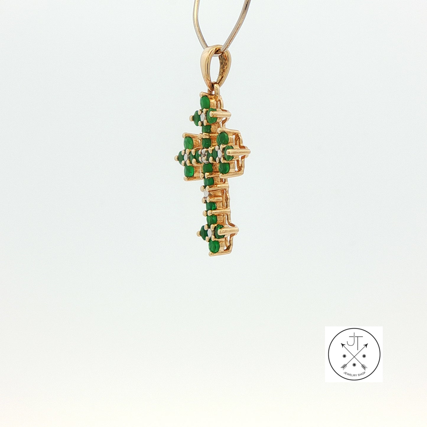 Vintage 10k Yellow Gold Cross Pendant with 1/4 ctw Natural Emeralds 1 Inch