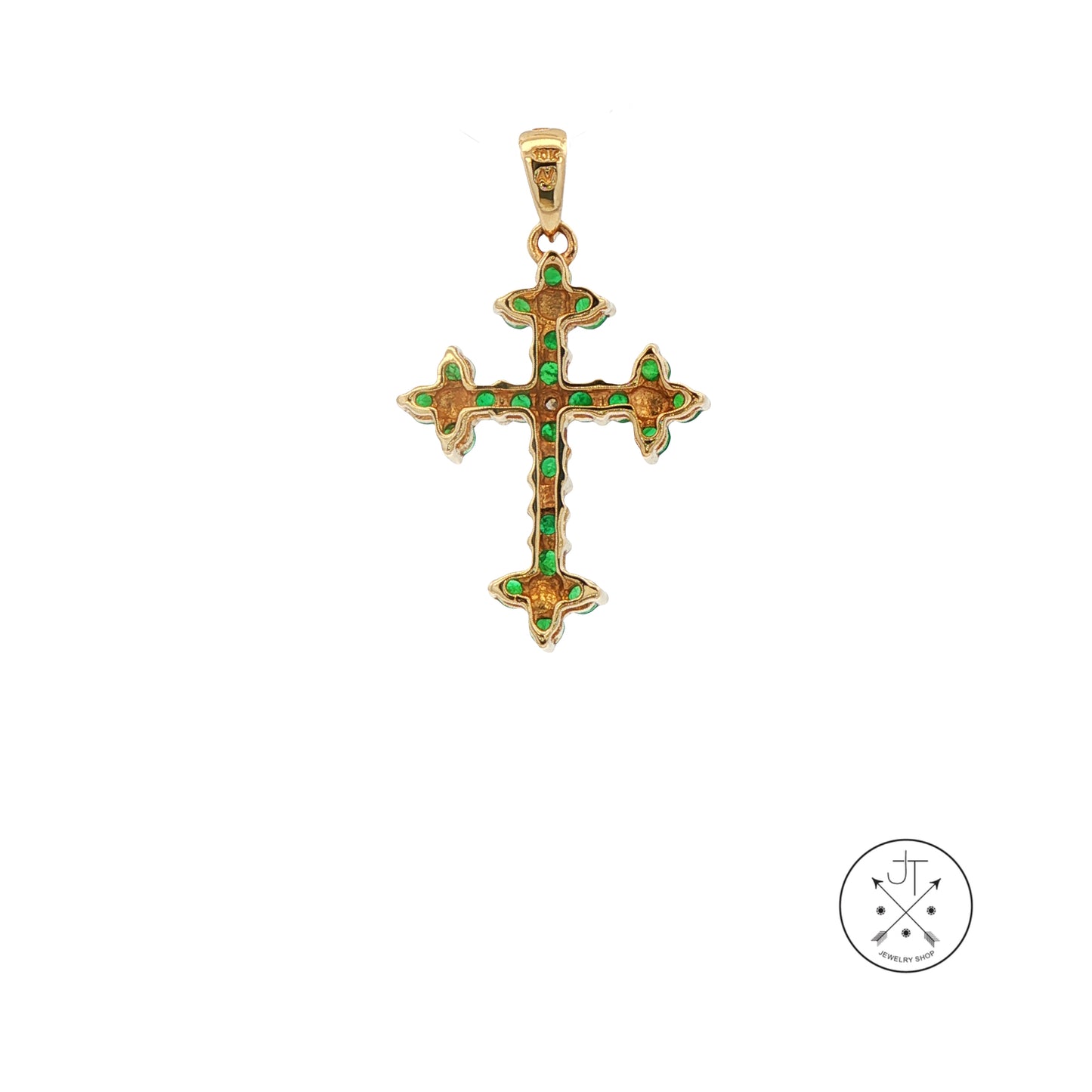 Vintage 10k Yellow Gold Cross Pendant with 1/4 ctw Natural Emeralds 1 Inch