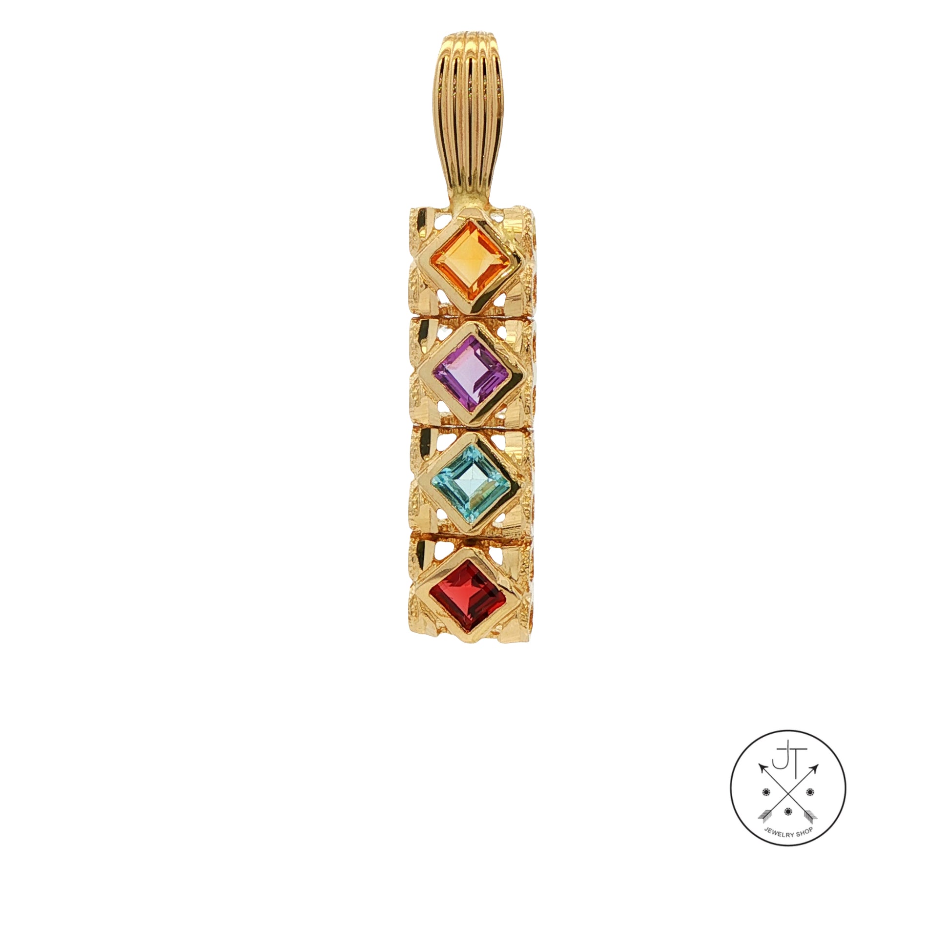 Vintage 14k Yellow Gold Bar Pendant with Natural Garnet Topaz Amethyst Citrine