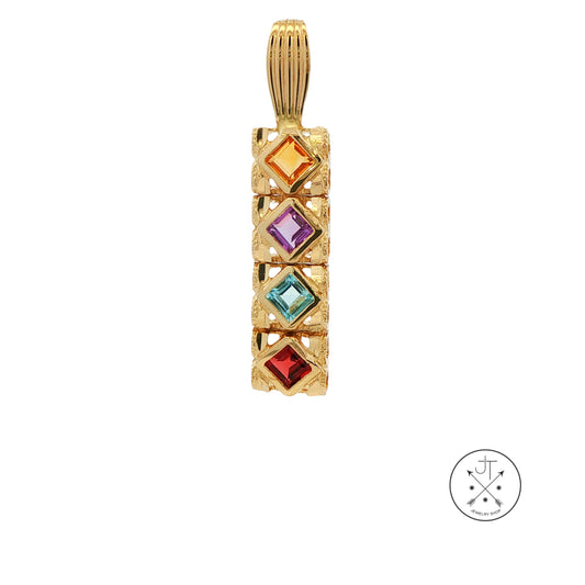 Vintage 14k Yellow Gold Bar Pendant with Natural Garnet Topaz Amethyst Citrine