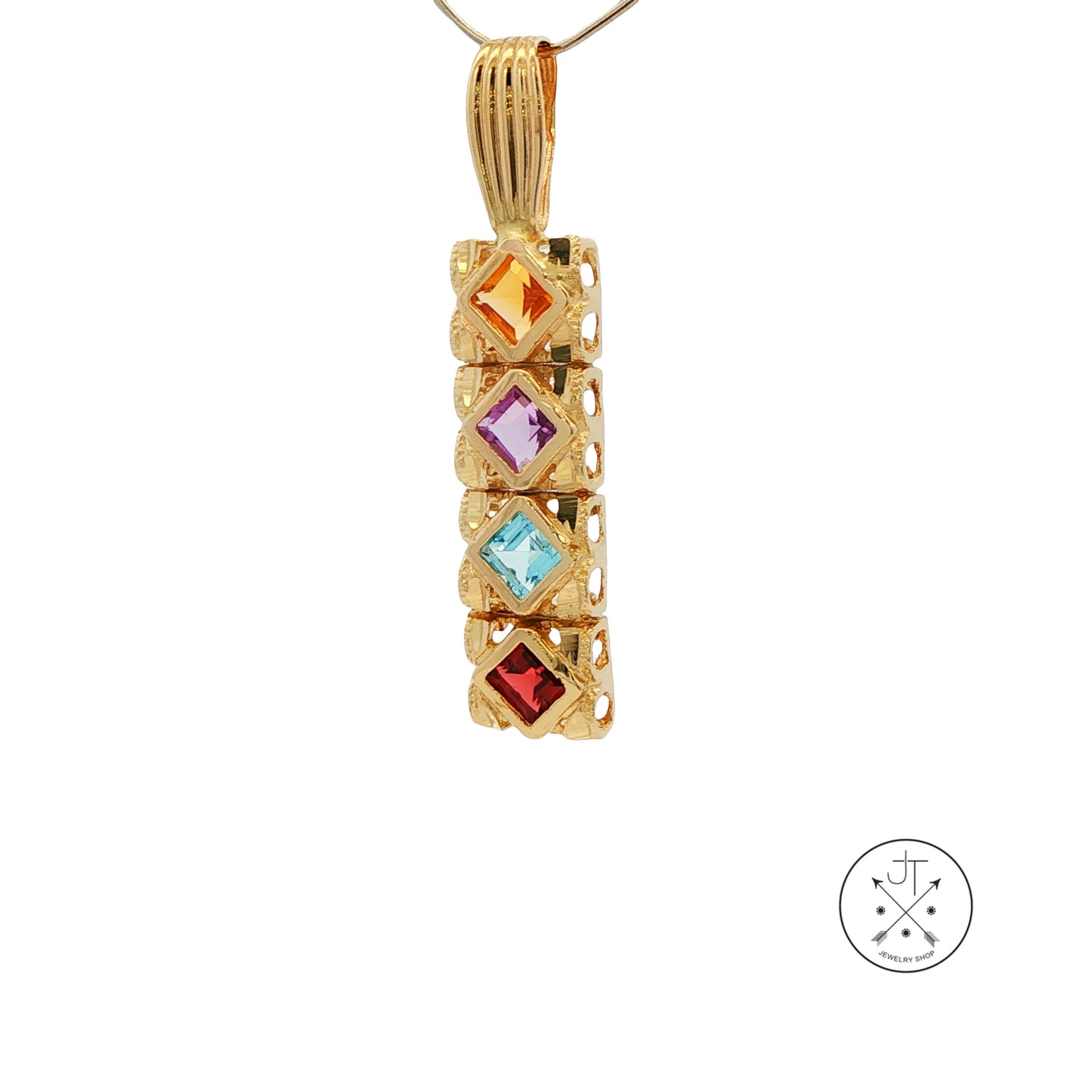 Vintage 14k Yellow Gold Bar Pendant with Natural Garnet Topaz Amethyst Citrine