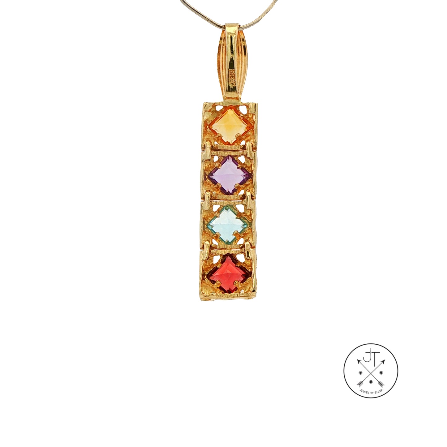 Vintage 14k Yellow Gold Bar Pendant with Natural Garnet Topaz Amethyst Citrine