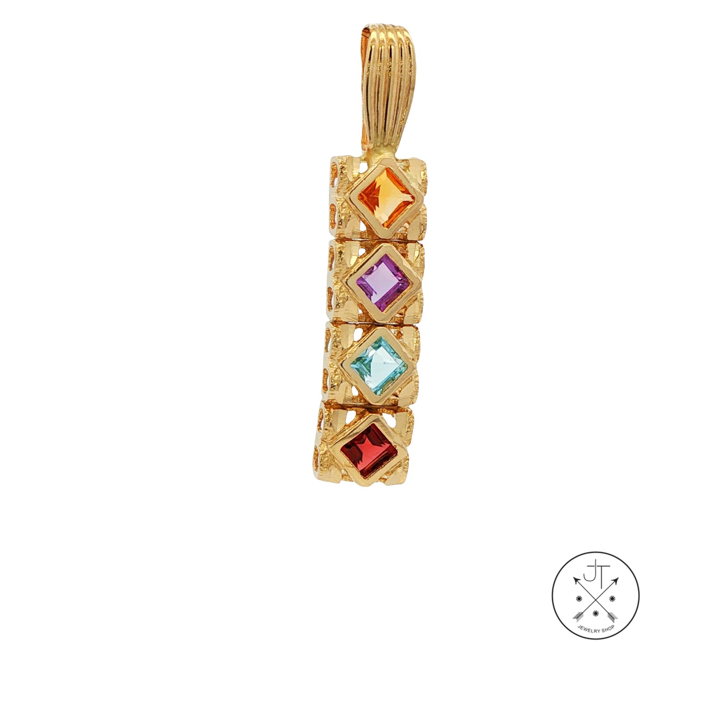 Vintage 14k Yellow Gold Bar Pendant with Natural Garnet Topaz Amethyst Citrine