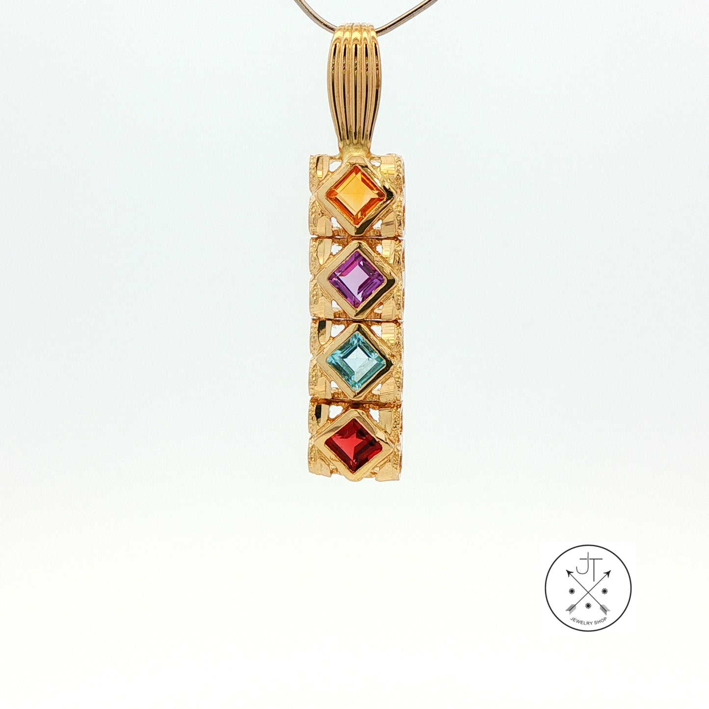Vintage 14k Yellow Gold Bar Pendant with Natural Garnet Topaz Amethyst Citrine