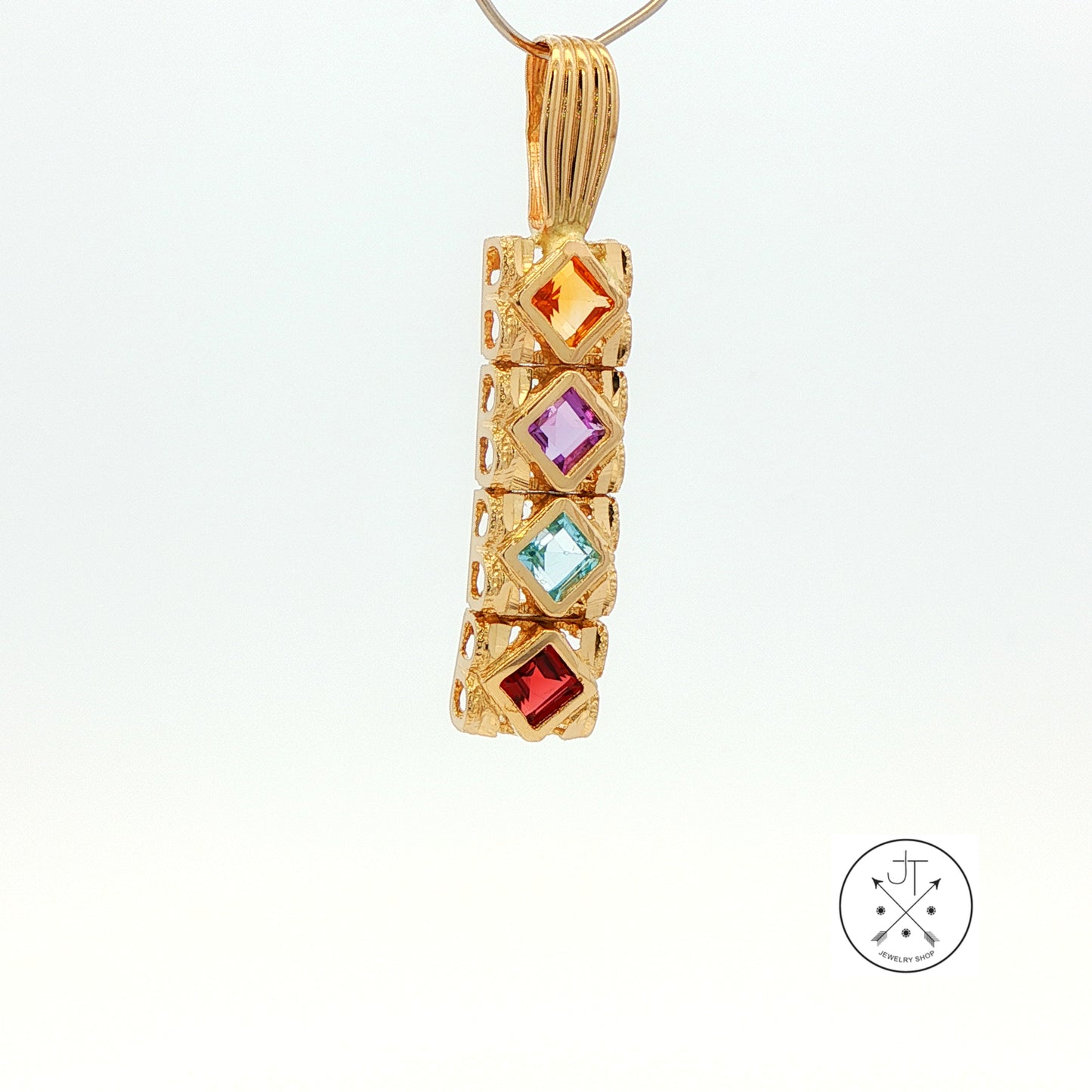 Vintage 14k Yellow Gold Bar Pendant with Natural Garnet Topaz Amethyst Citrine