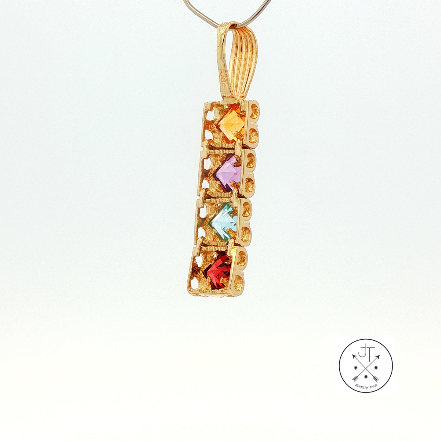 Vintage 14k Yellow Gold Bar Pendant with Natural Garnet Topaz Amethyst Citrine