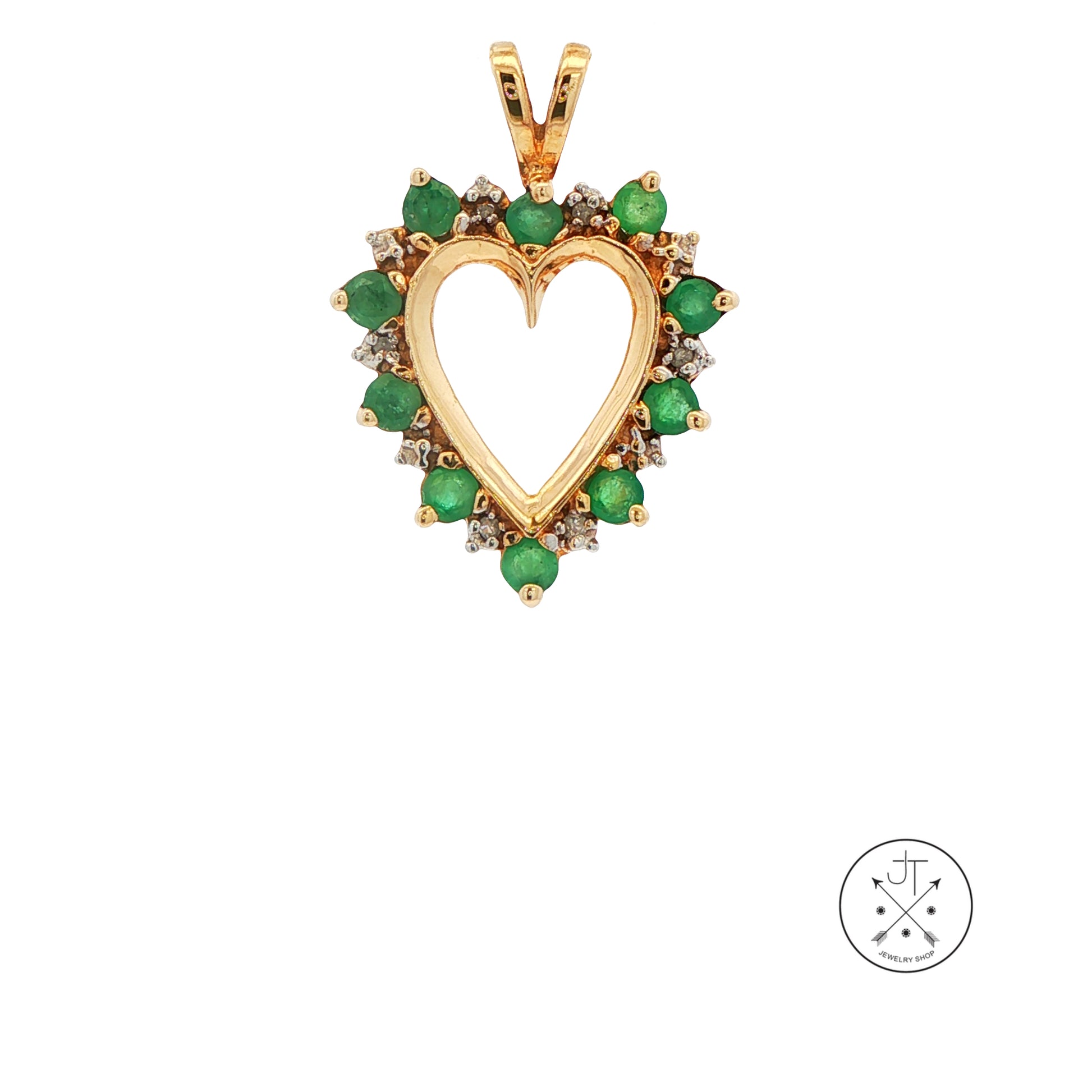 Vintage 10k Yellow Gold Heart Pendant with Natural Emeralds and Diamonds