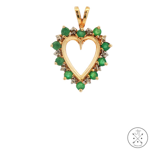 Vintage 10k Yellow Gold Heart Pendant with Natural Emeralds and Diamonds