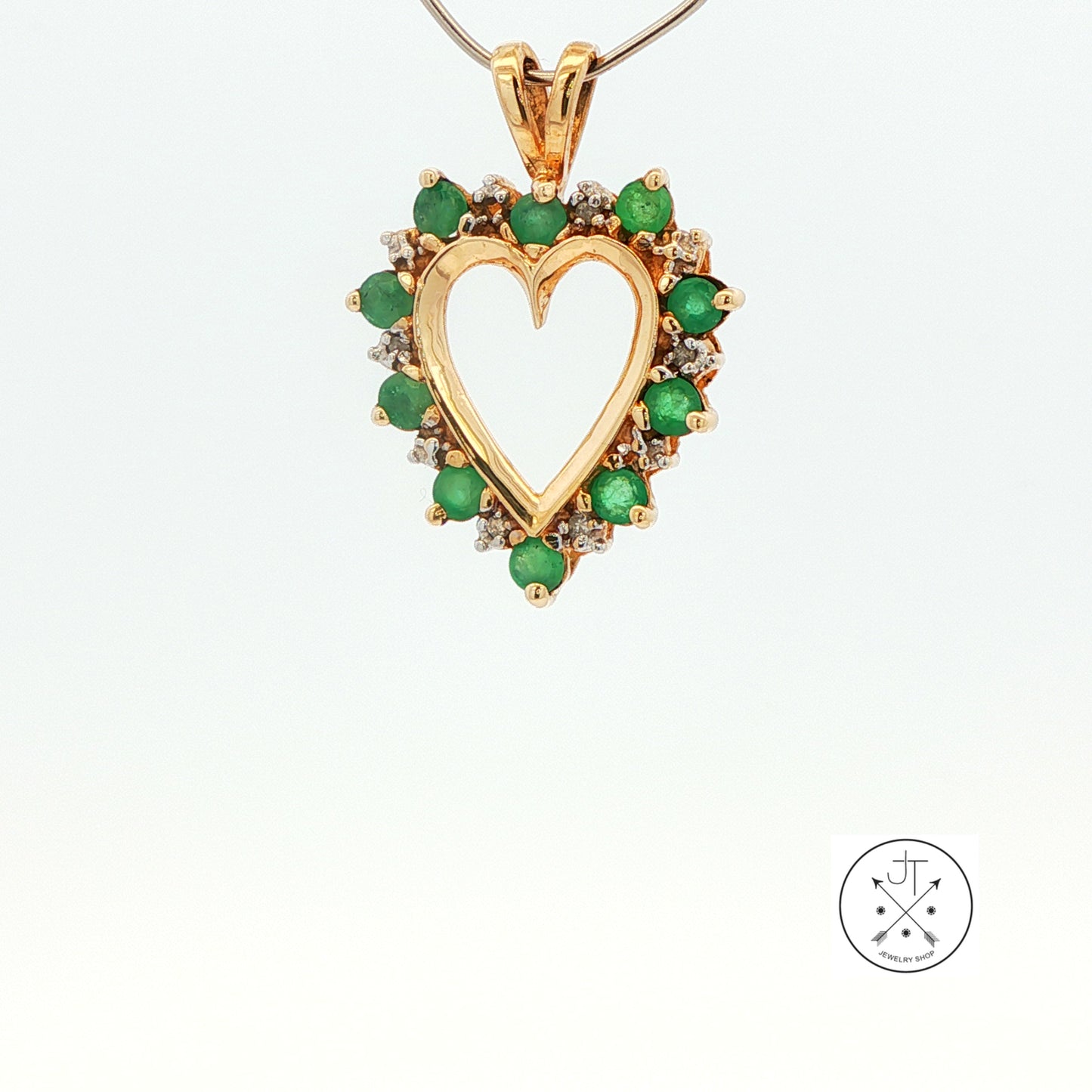Vintage 10k Yellow Gold Heart Pendant with Natural Emeralds and Diamonds