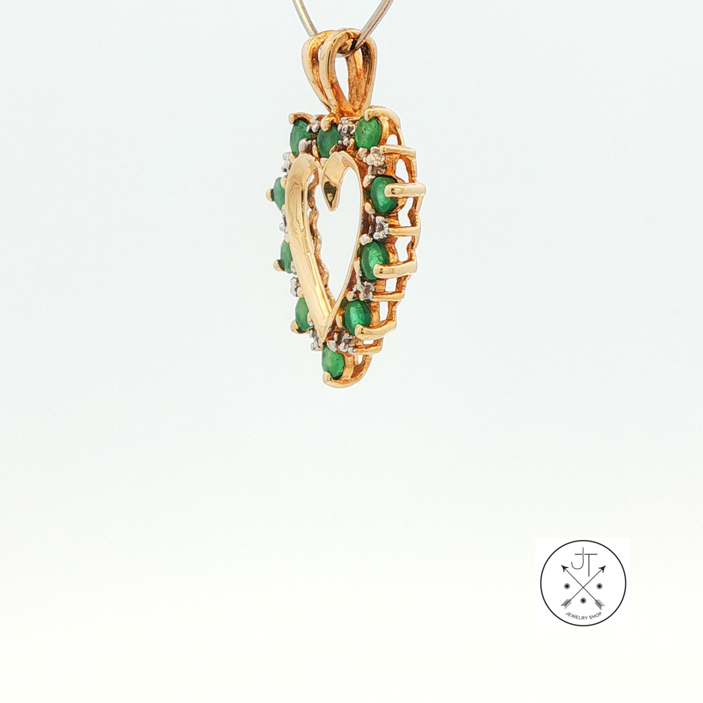 Vintage 10k Yellow Gold Heart Pendant with Natural Emeralds and Diamonds