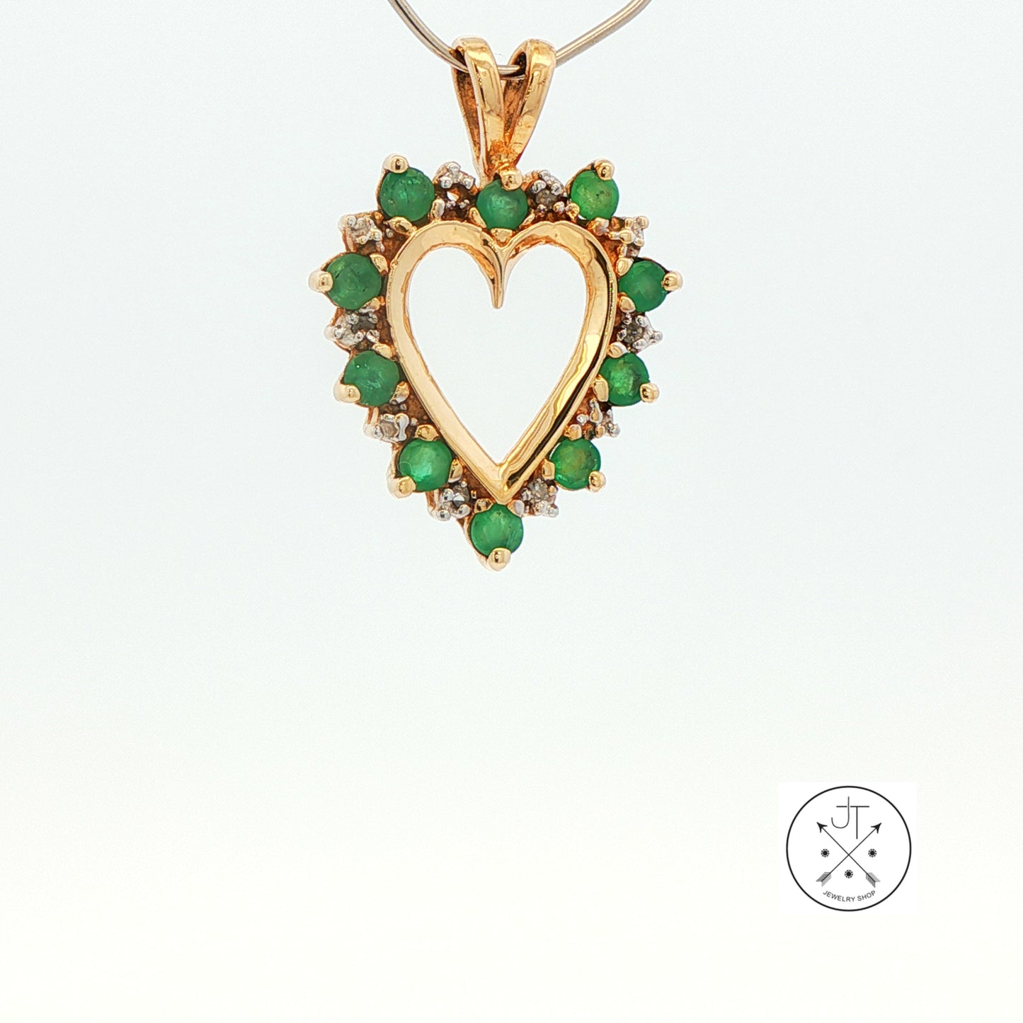 Vintage 10k Yellow Gold Heart Pendant with Natural Emeralds and Diamonds