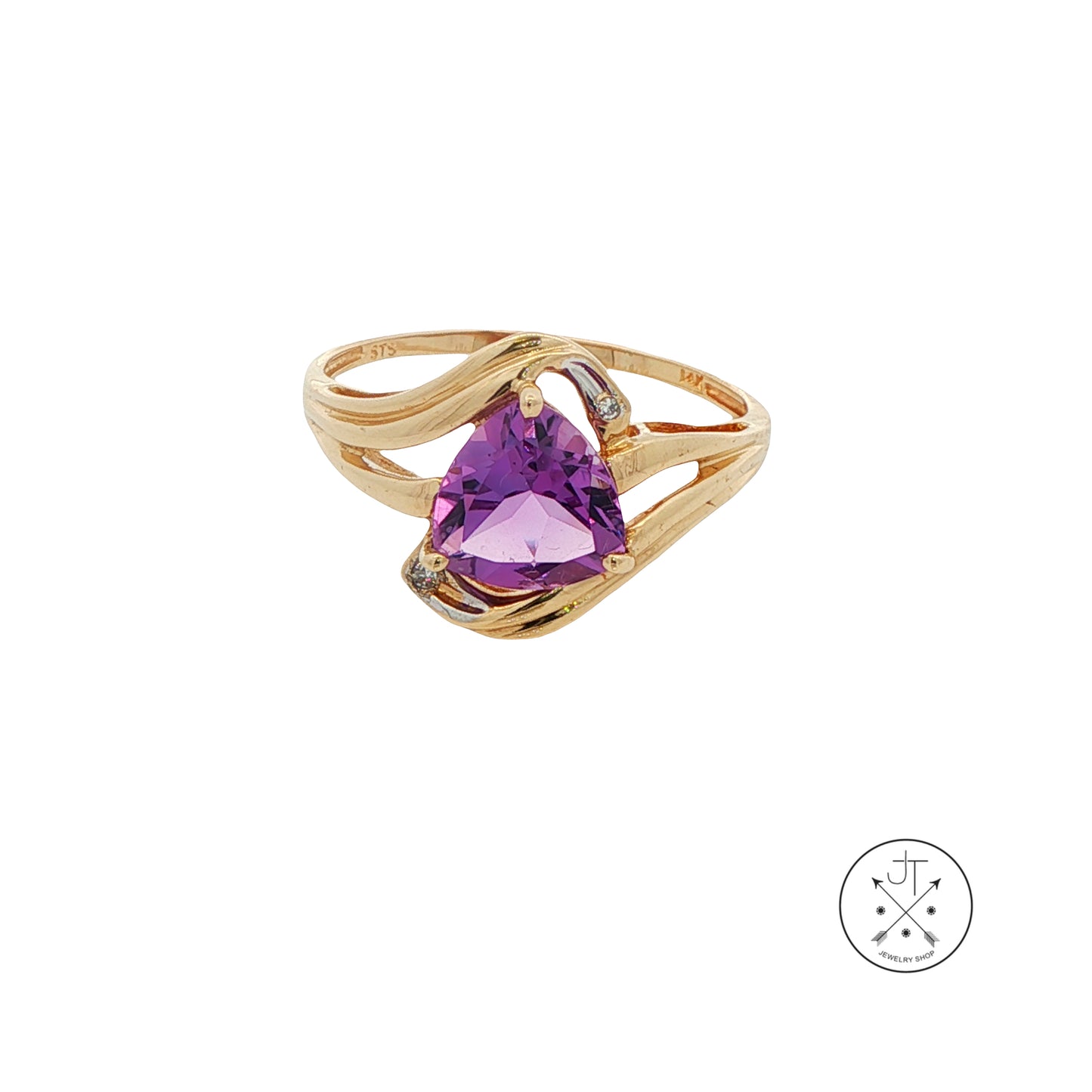 Vintage 14k Yellow Gold Solitaire Ring with Amethyst and Diamond Size 12