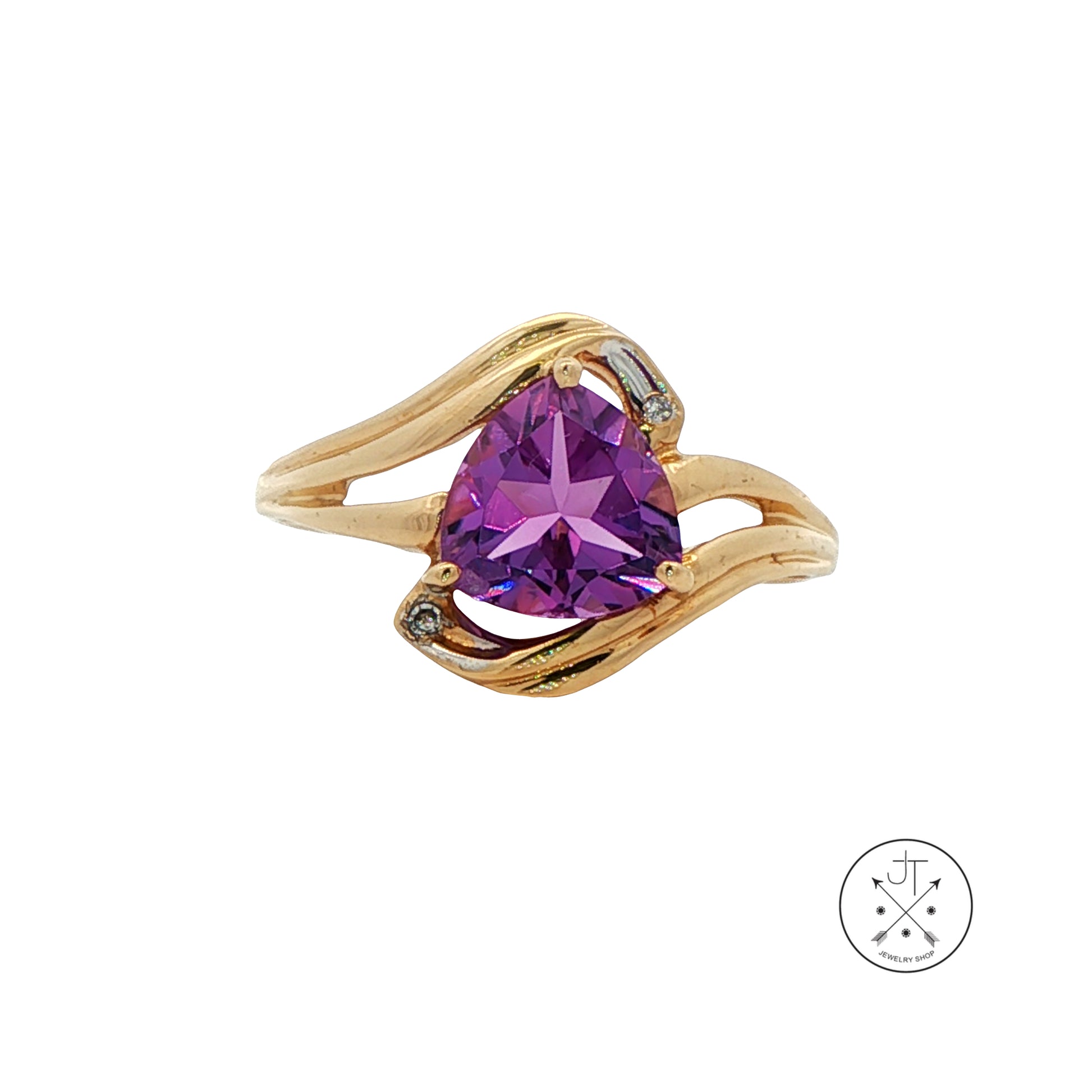 Vintage 14k Yellow Gold Solitaire Ring with Amethyst and Diamond Size 12