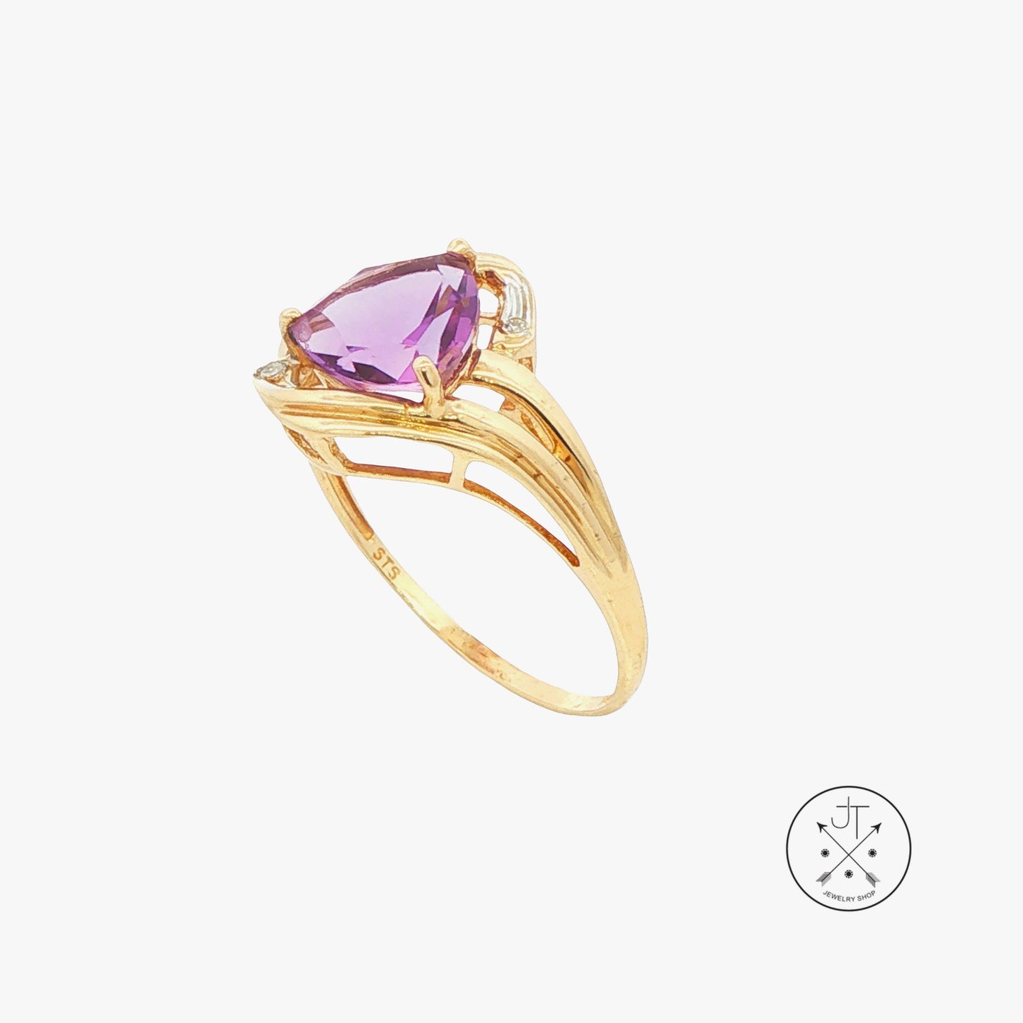 Vintage 14k Yellow Gold Solitaire Ring with Amethyst and Diamond Size 12