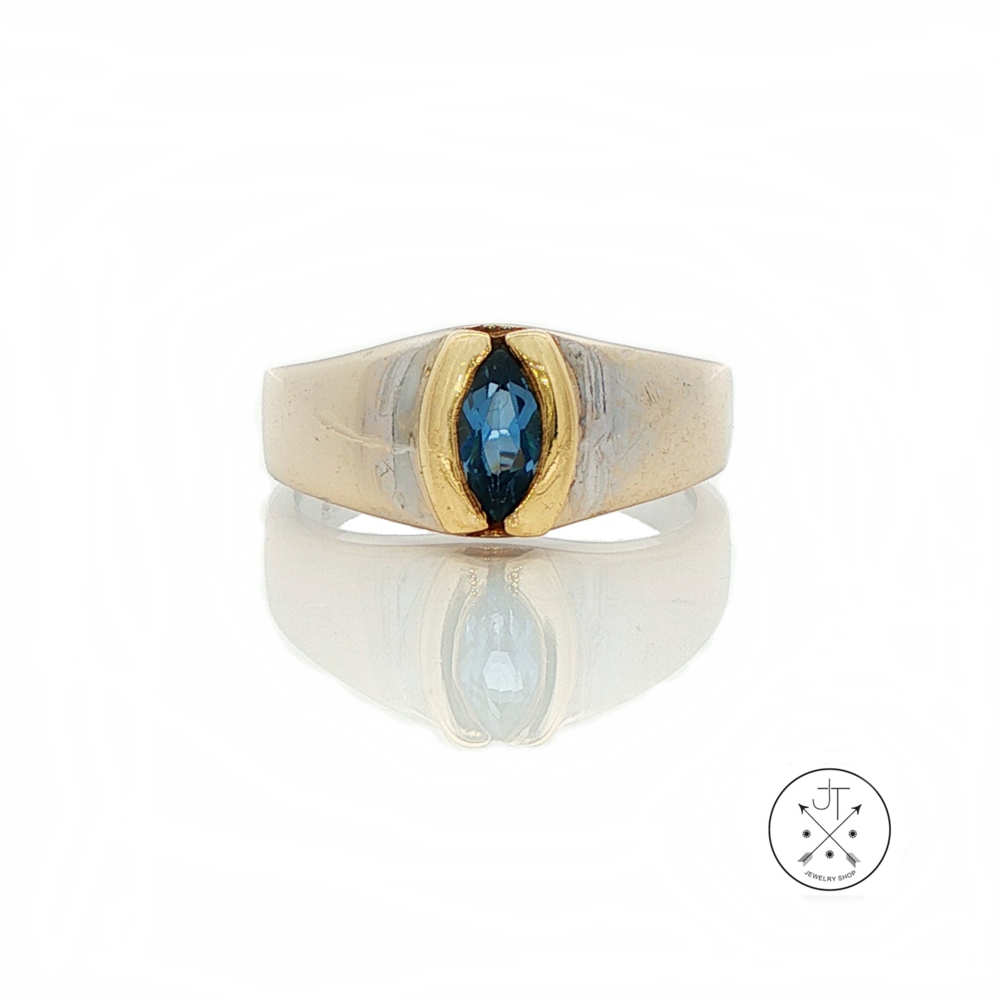 Vintage 18k 2-Tone Gold Band with Synthetic Blue Spinel Marquise Size 7.25