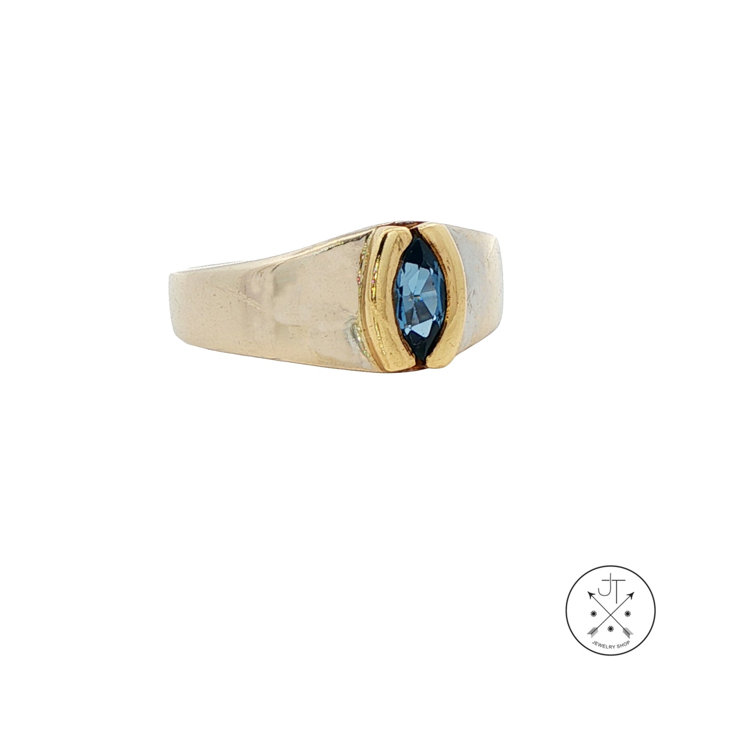 Vintage 18k 2-Tone Gold Band with Synthetic Blue Spinel Marquise Size 7.25