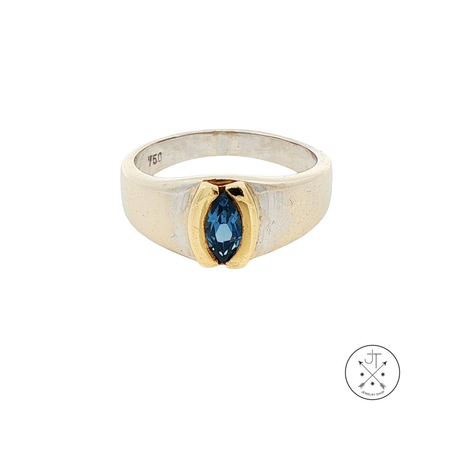 Vintage 18k 2-Tone Gold Band with Synthetic Blue Spinel Marquise Size 7.25