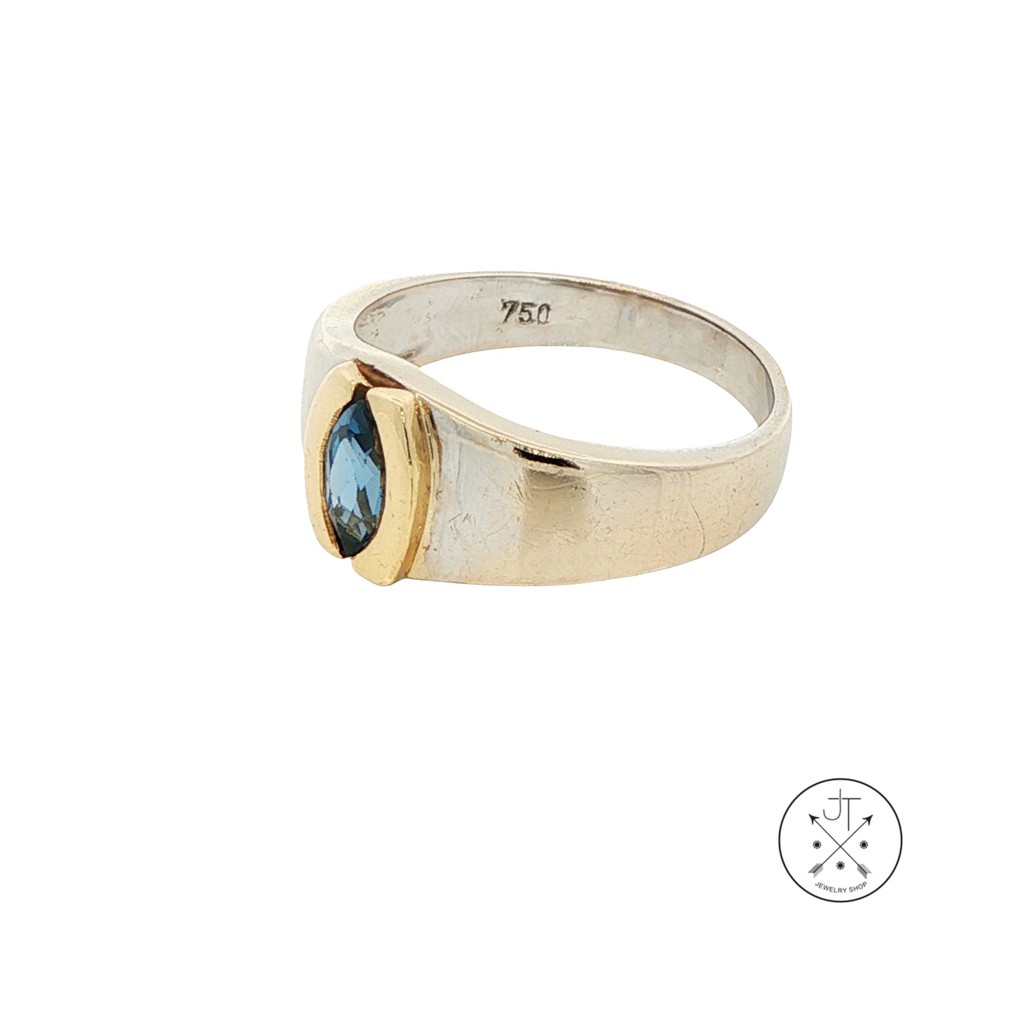 Vintage 18k 2-Tone Gold Band with Synthetic Blue Spinel Marquise Size 7.25