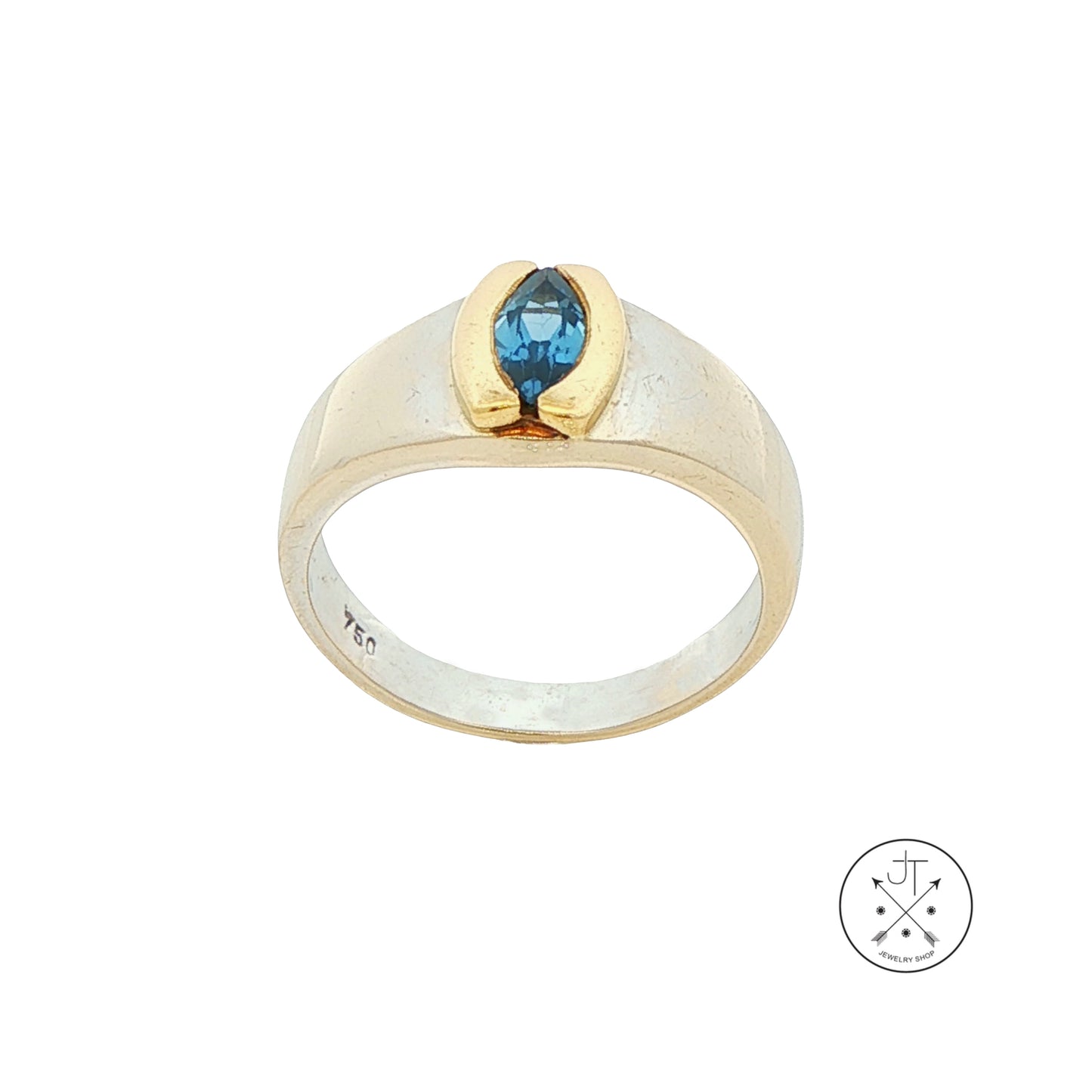 Vintage 18k 2-Tone Gold Band with Synthetic Blue Spinel Marquise Size 7.25