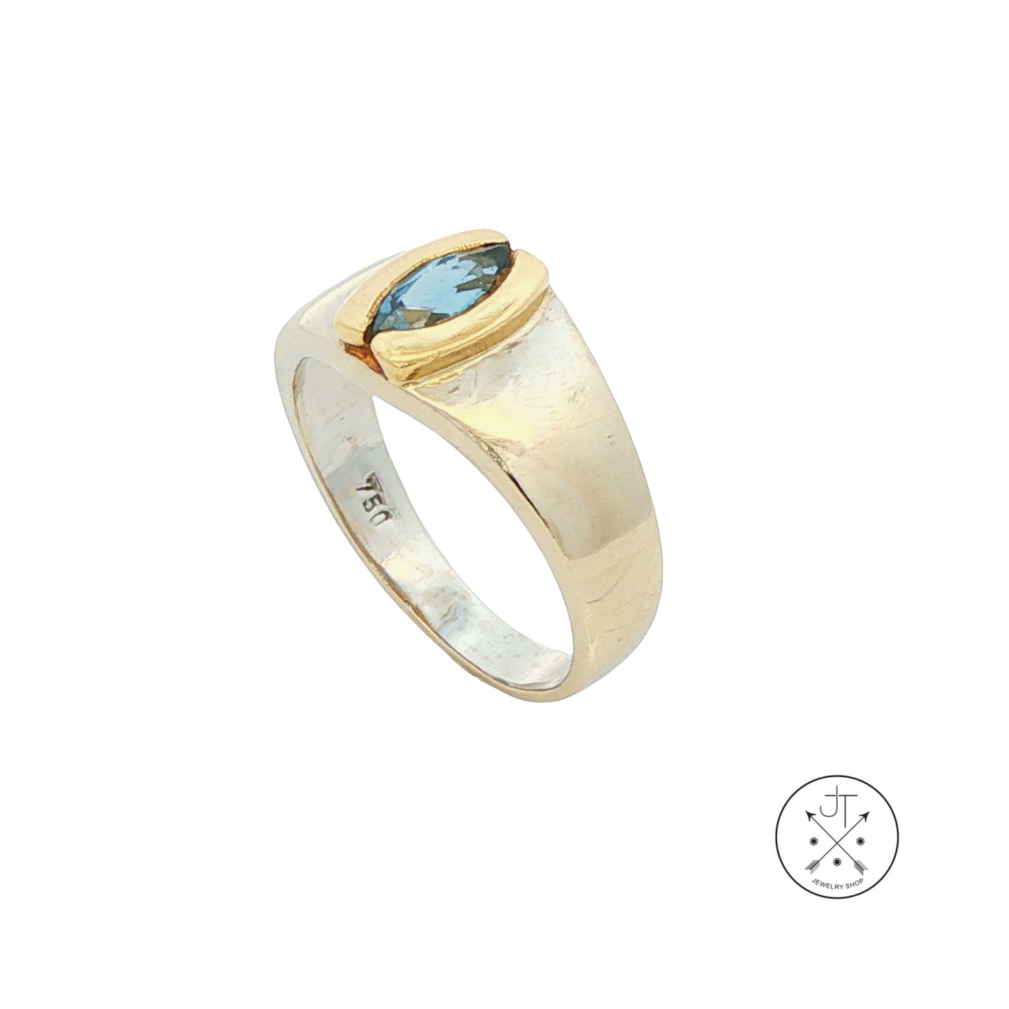Vintage 18k 2-Tone Gold Band with Synthetic Blue Spinel Marquise Size 7.25