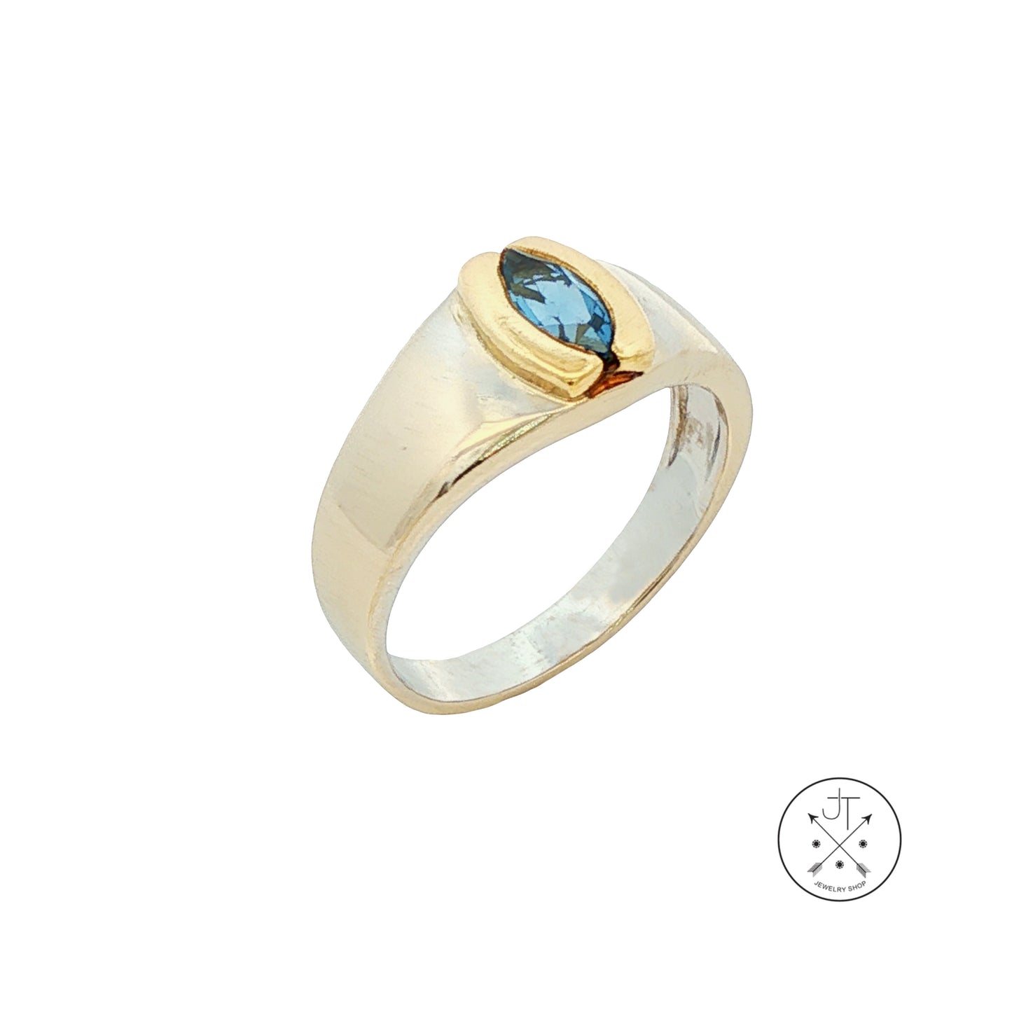 Vintage 18k 2-Tone Gold Band with Synthetic Blue Spinel Marquise Size 7.25
