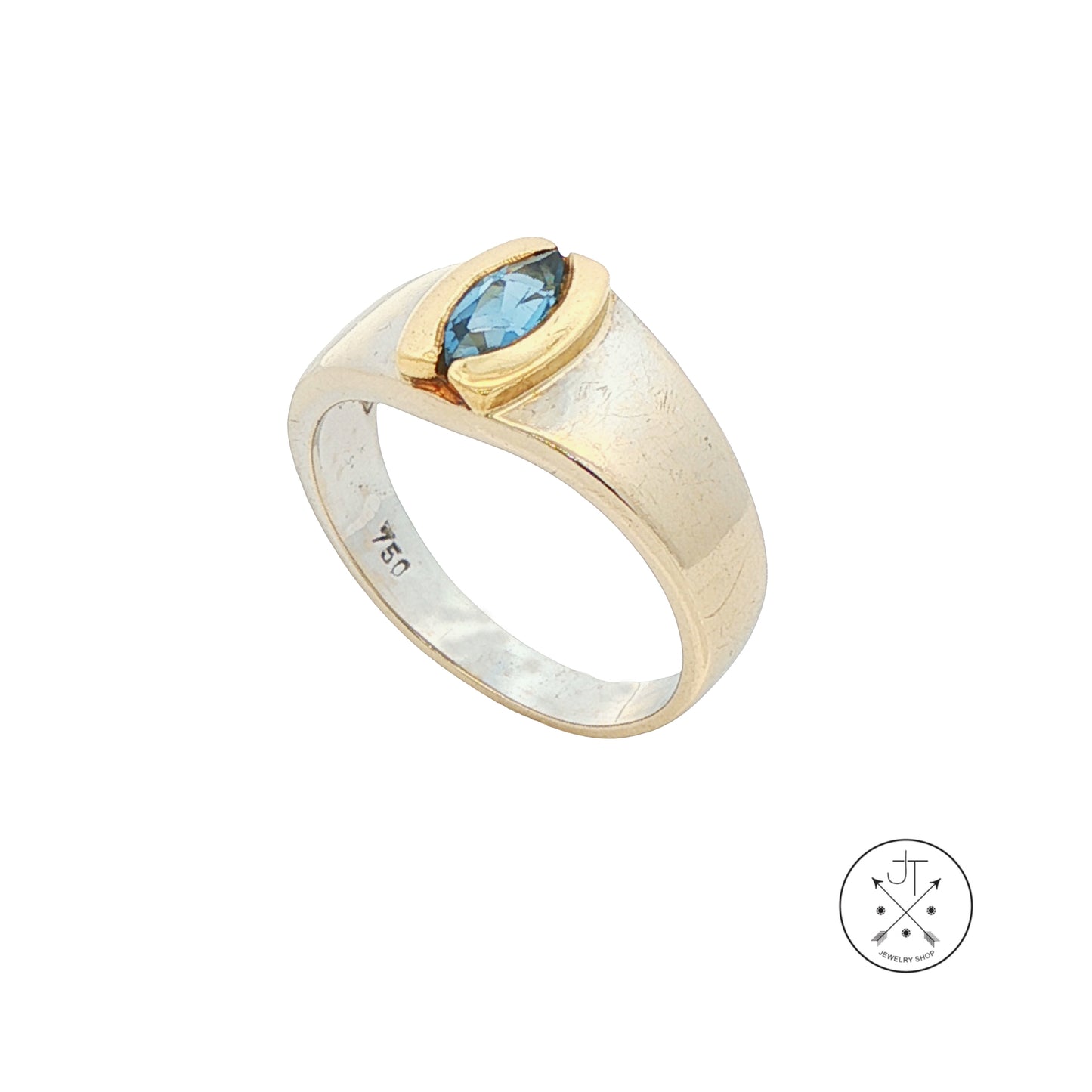 Vintage 18k 2-Tone Gold Band with Synthetic Blue Spinel Marquise Size 7.25