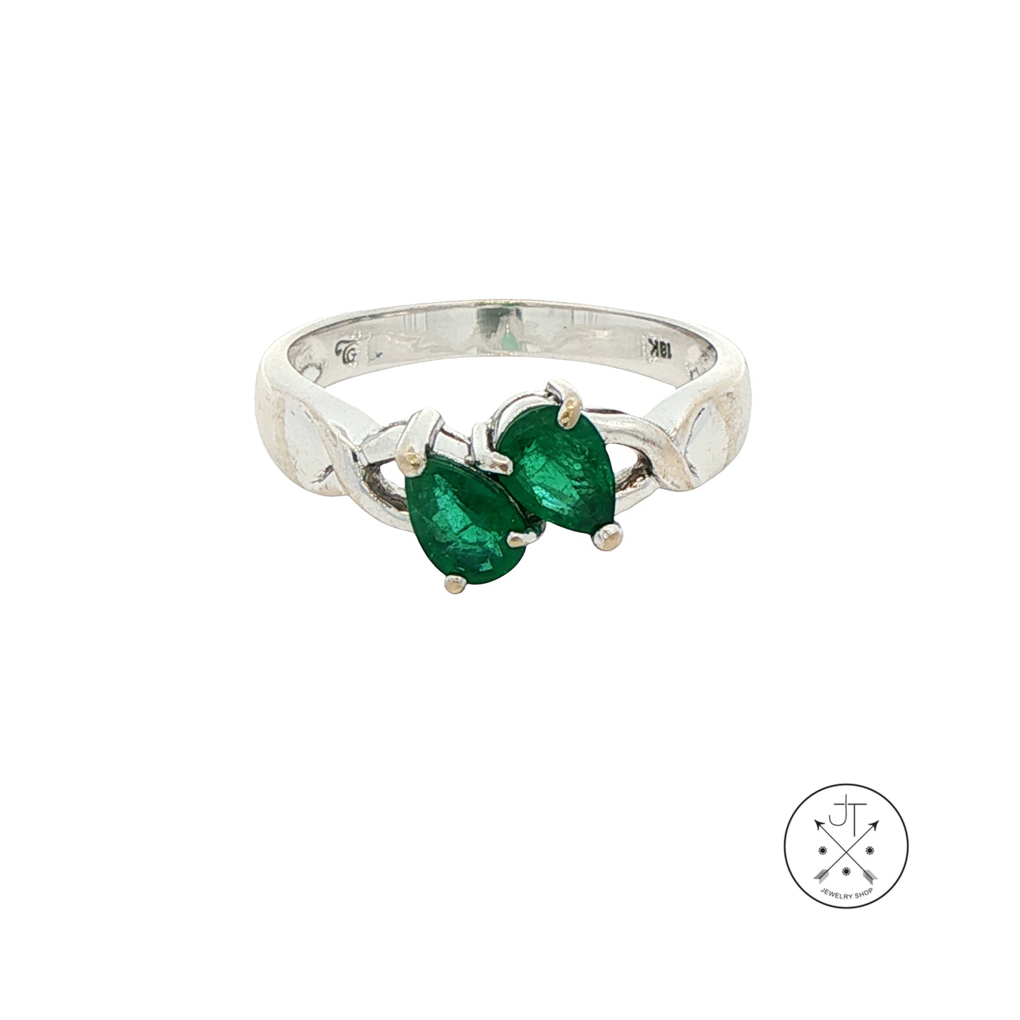 Vintage 18k White Gold Ring with Natural Emerald Pear Size 7
