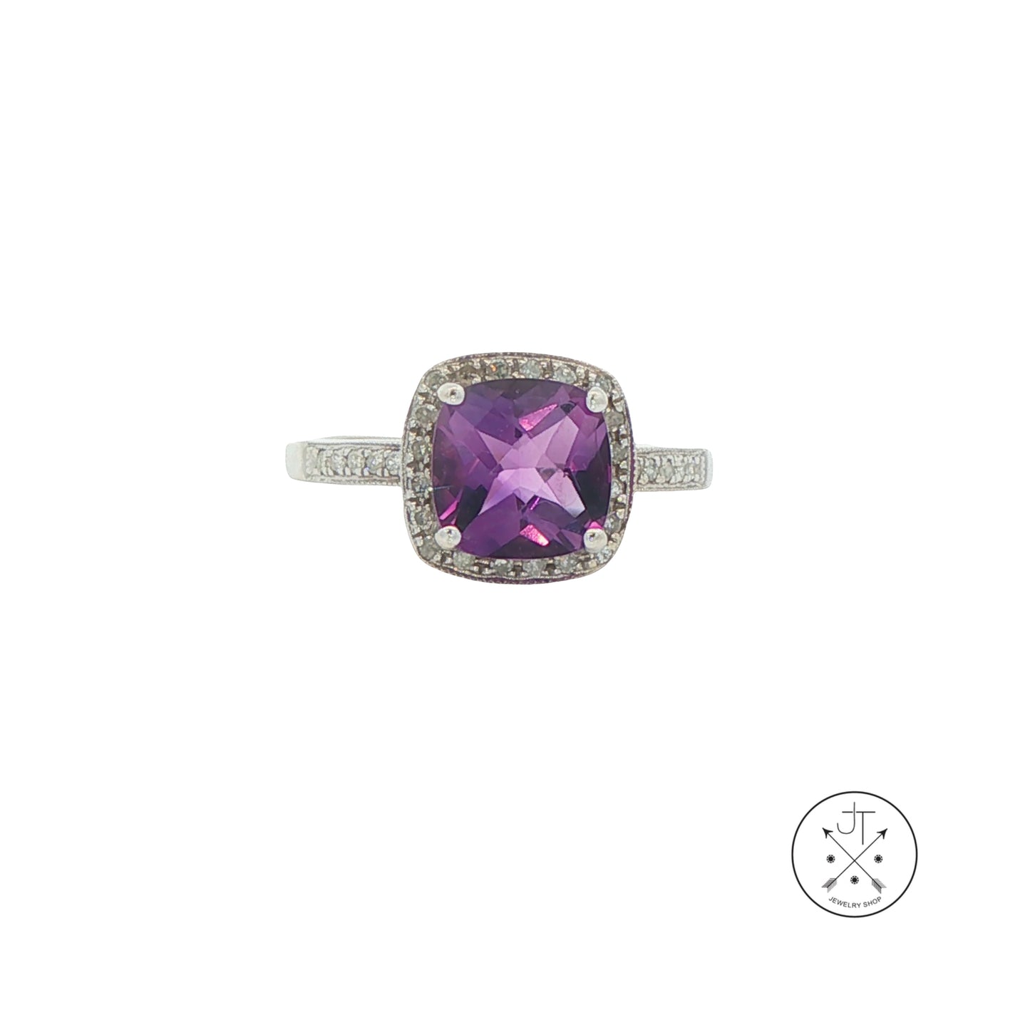 14k White Gold Halo Ring with Natural Amethyst and Diamonds Size 5.25