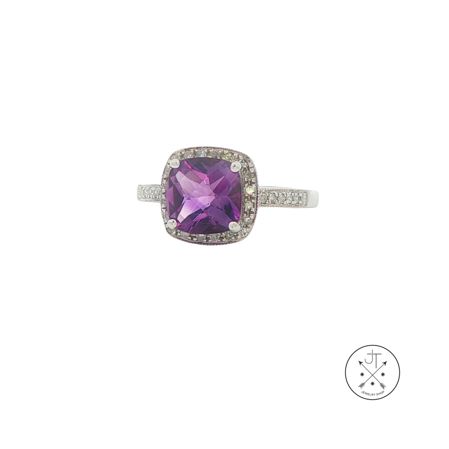 14k White Gold Halo Ring with Natural Amethyst and Diamonds Size 5.25