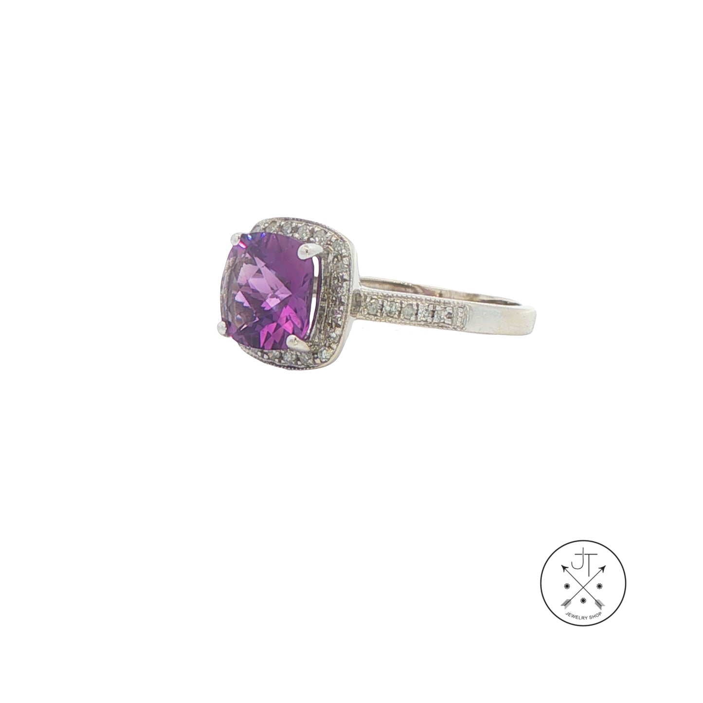 14k White Gold Halo Ring with Natural Amethyst and Diamonds Size 5.25