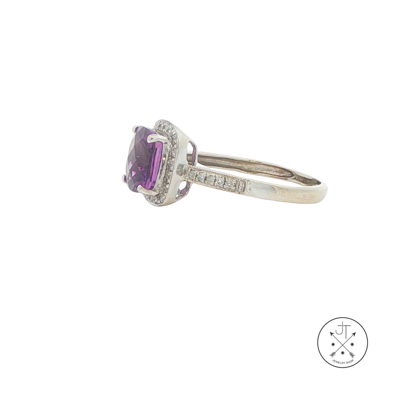 14k White Gold Halo Ring with Natural Amethyst and Diamonds Size 5.25