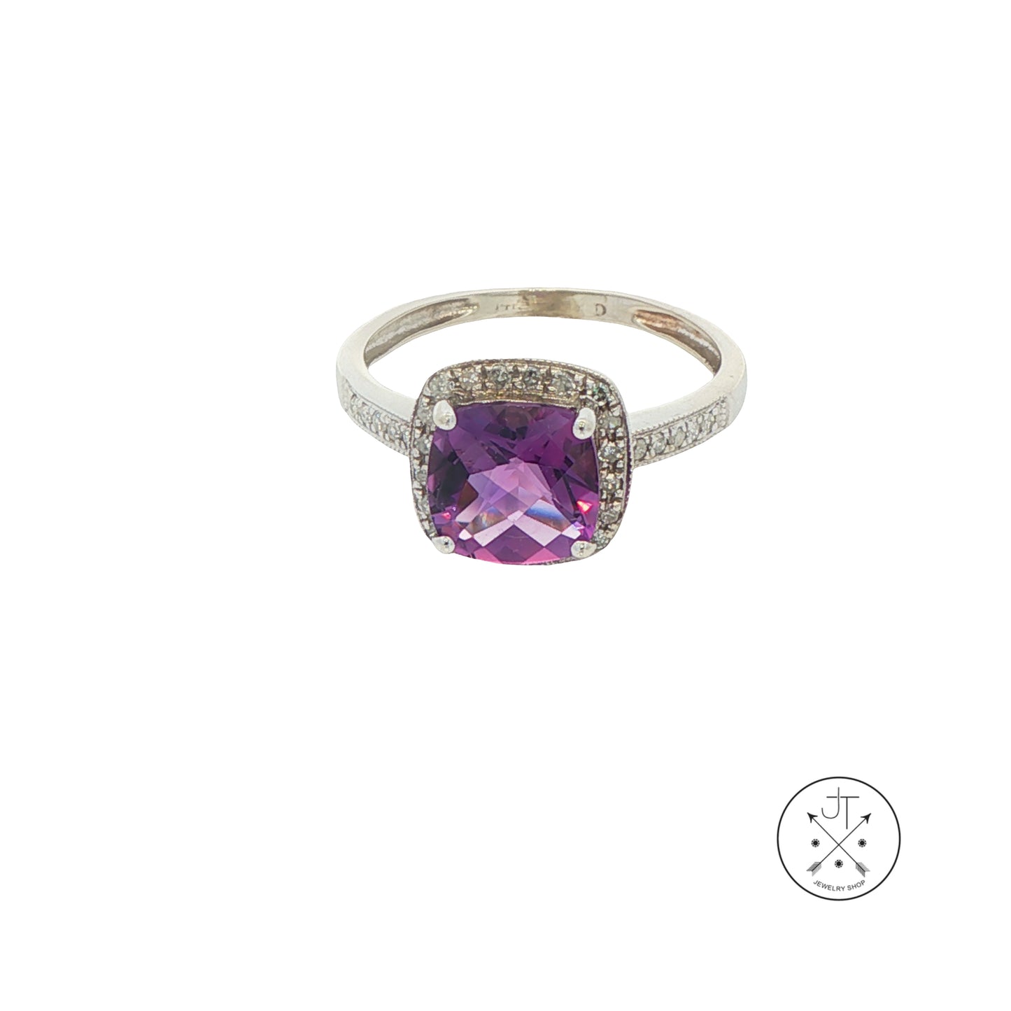 14k White Gold Halo Ring with Natural Amethyst and Diamonds Size 5.25