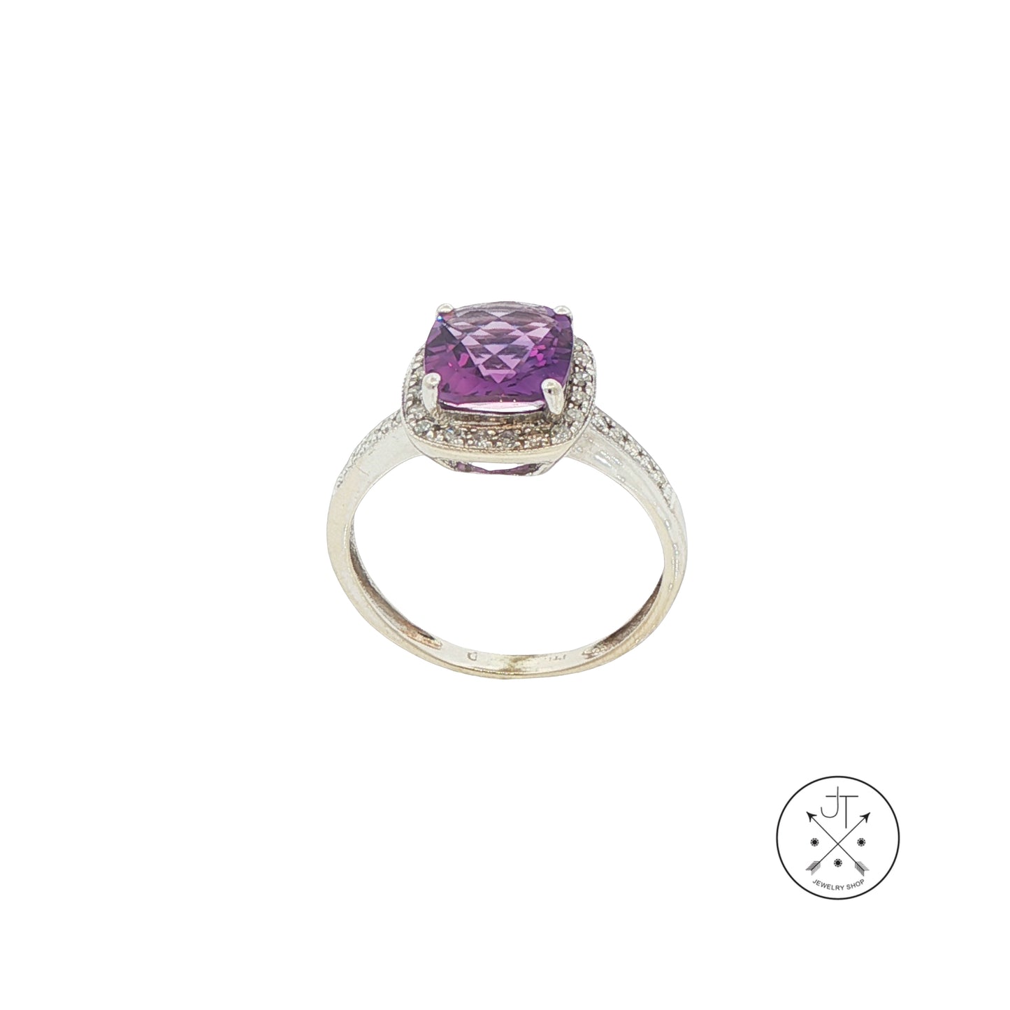 14k White Gold Halo Ring with Natural Amethyst and Diamonds Size 5.25