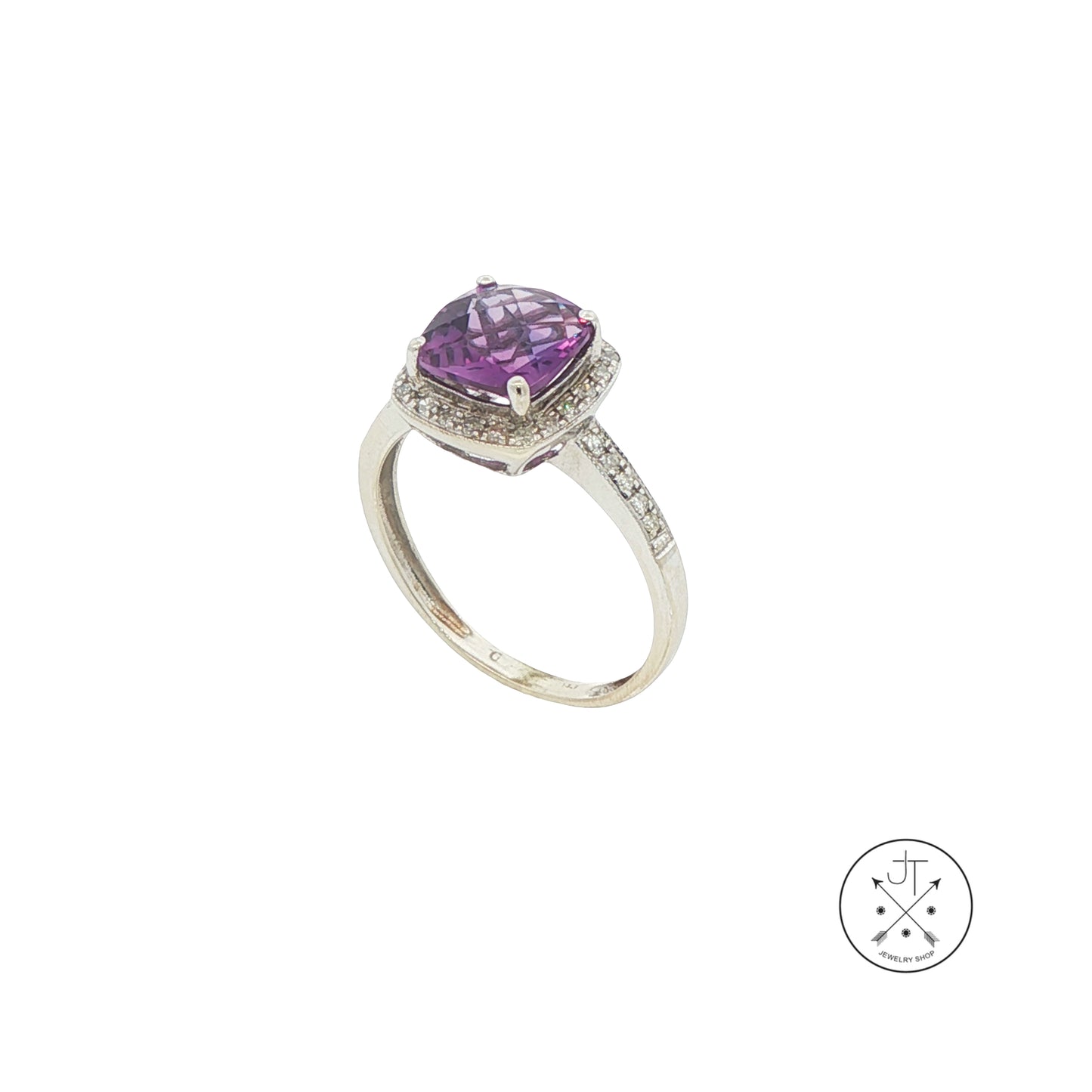 14k White Gold Halo Ring with Natural Amethyst and Diamonds Size 5.25