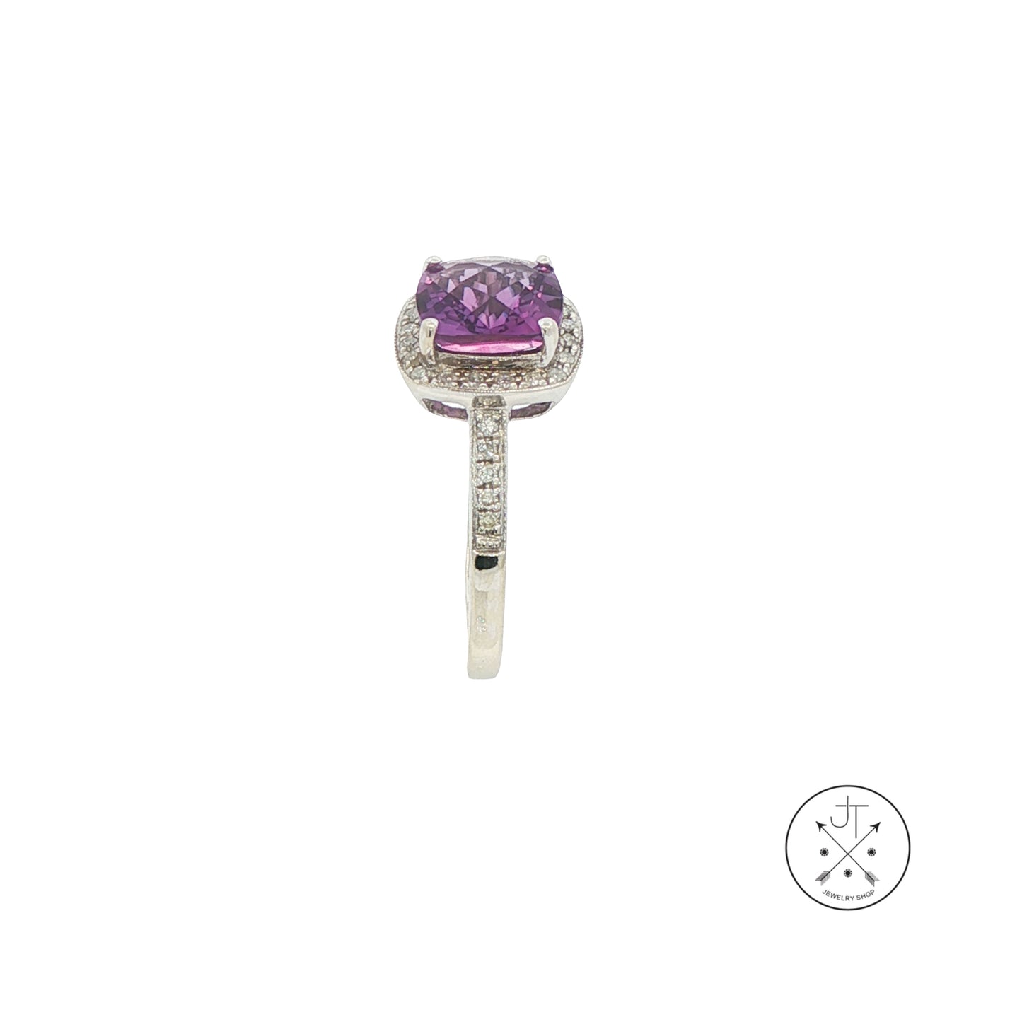 14k White Gold Halo Ring with Natural Amethyst and Diamonds Size 5.25