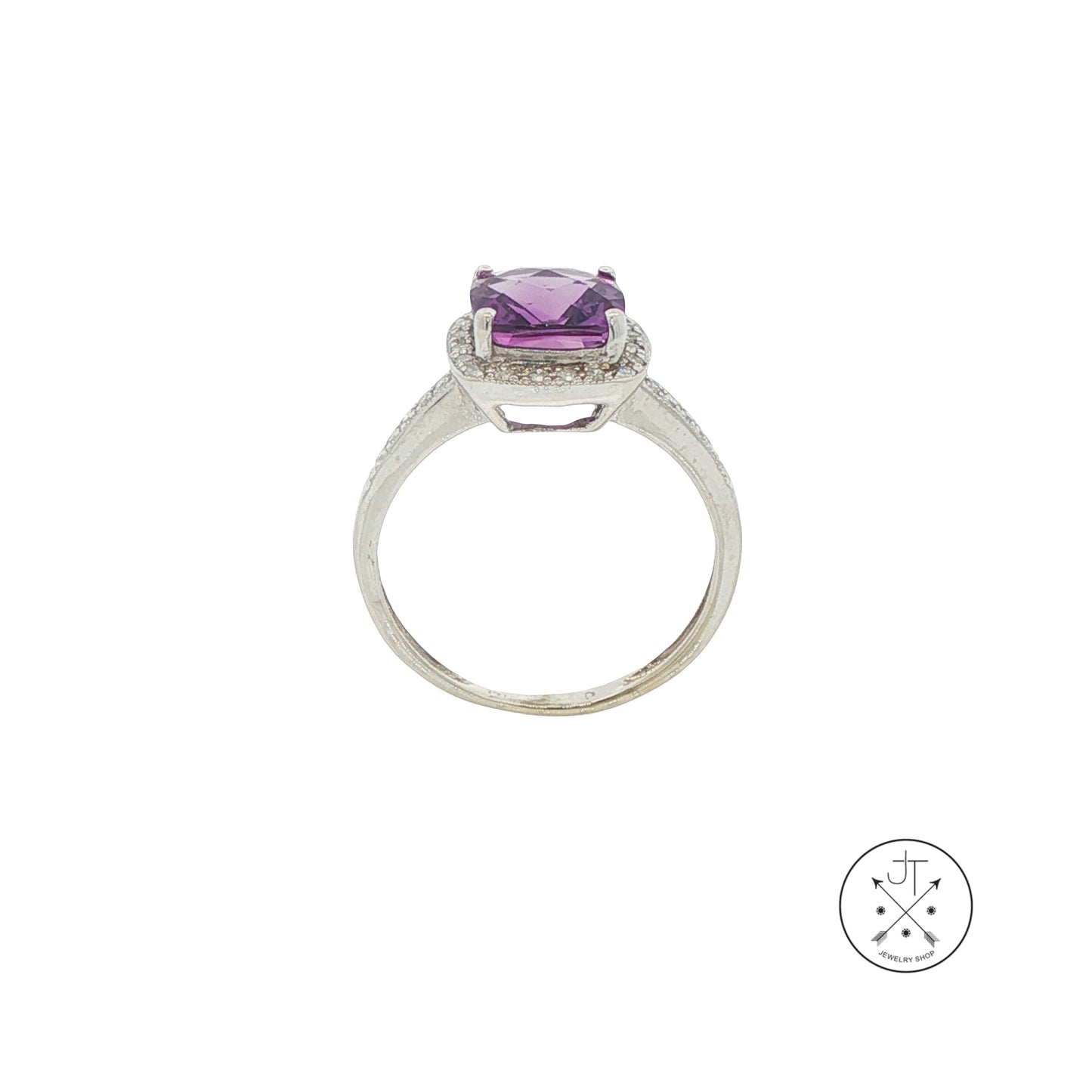 14k White Gold Halo Ring with Natural Amethyst and Diamonds Size 5.25