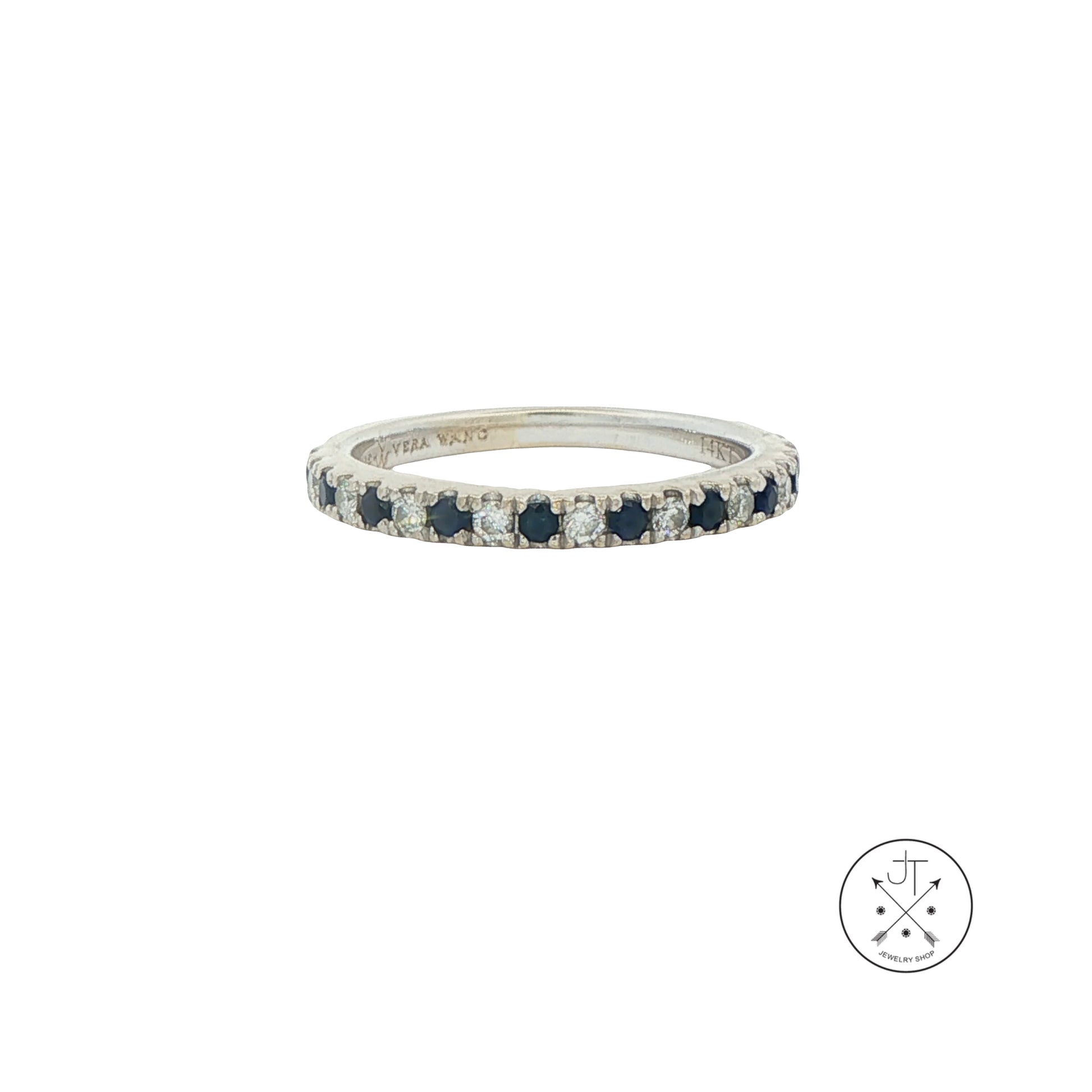 14k White Gold Vera Wang Love 2.4 mm Band Natural Sapphires Diamonds Size 5 Thin Stack