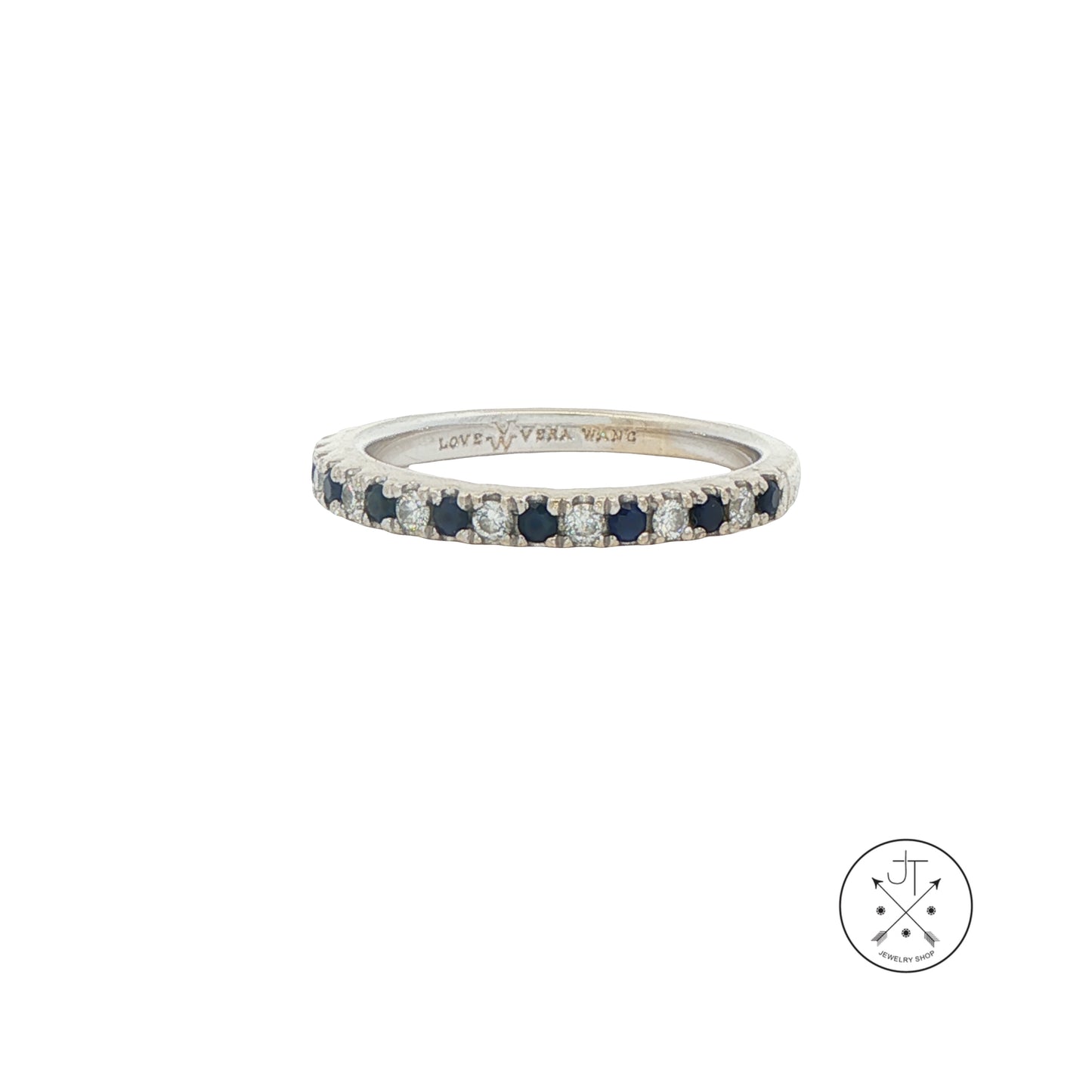 14k White Gold Vera Wang Love 2.4 mm Band Natural Sapphires Diamonds Size 5 Thin Stack