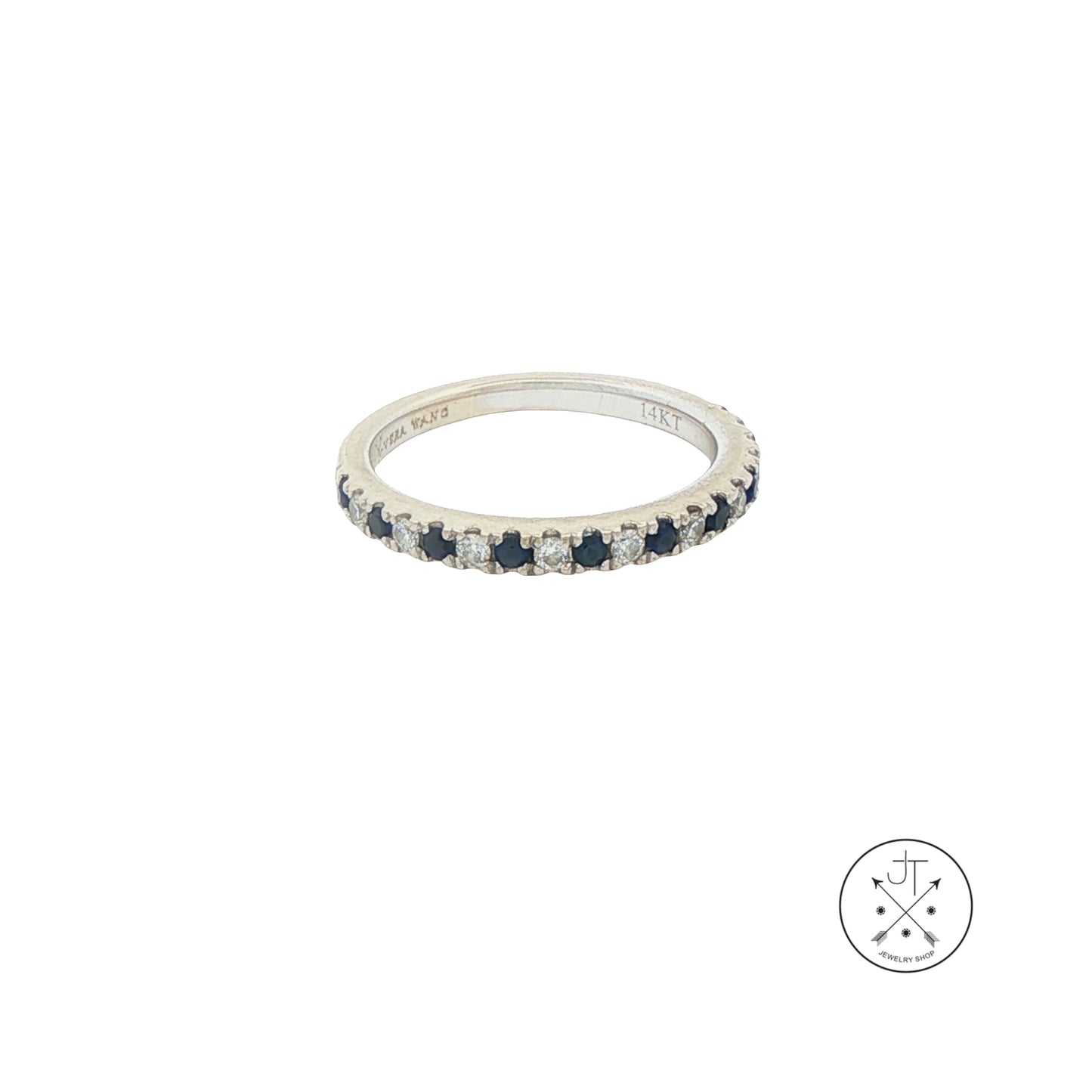 14k White Gold Vera Wang Love 2.4 mm Band Natural Sapphires Diamonds Size 5 Thin Stack