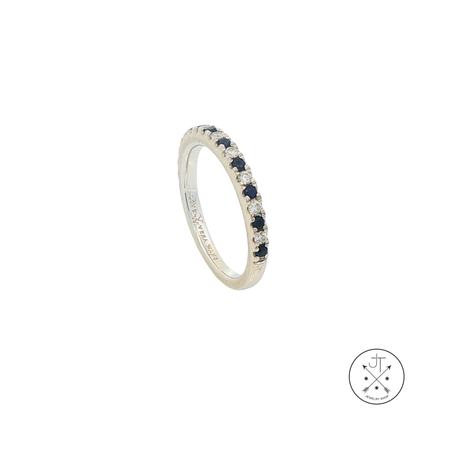 14k White Gold Vera Wang Love 2.4 mm Band Natural Sapphires Diamonds Size 5 Thin Stack