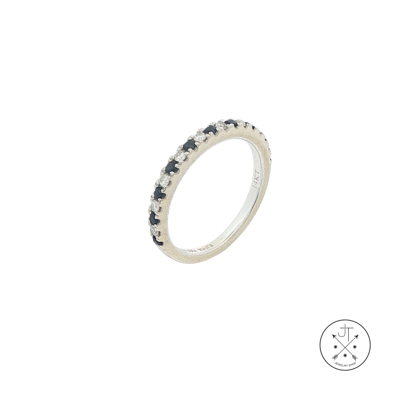 14k White Gold Vera Wang Love 2.4 mm Band Natural Sapphires Diamonds Size 5 Thin Stack