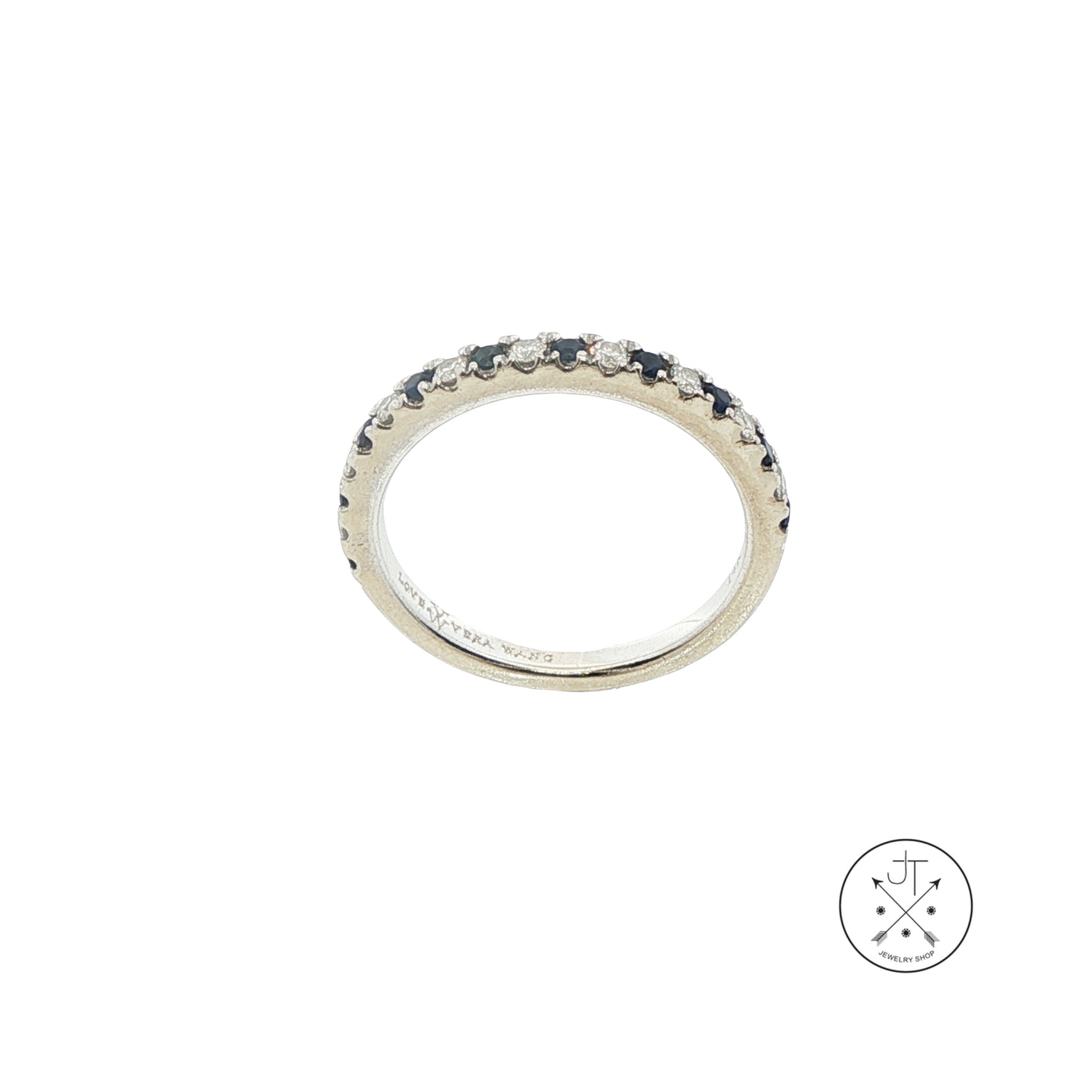 14k White Gold Vera Wang Love 2.4 mm Band Natural Sapphires Diamonds Size 5 Thin Stack